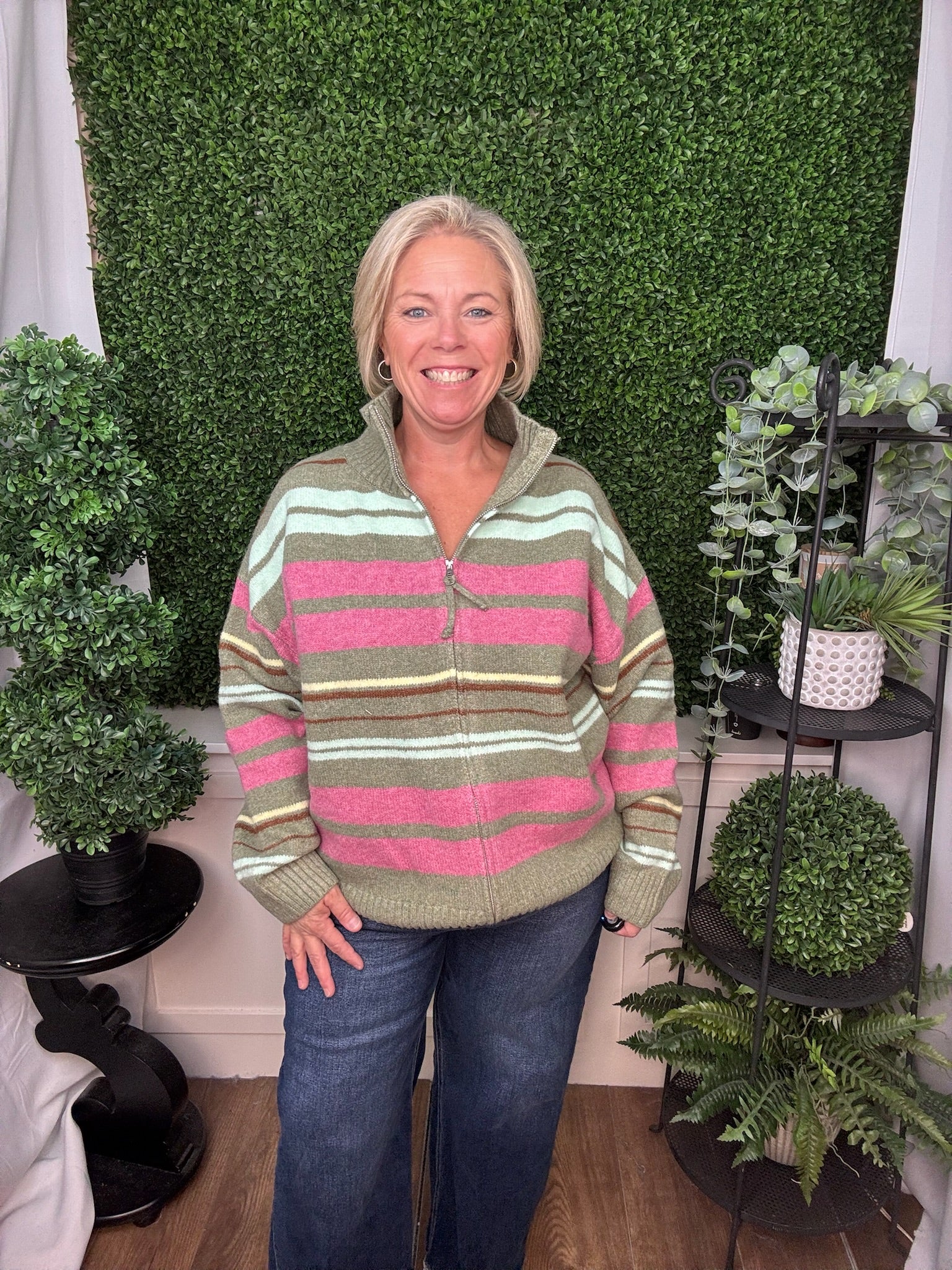 MULTICOLOR STRIPED MOCK NECK ZIP SWEATER - JADE MULTI