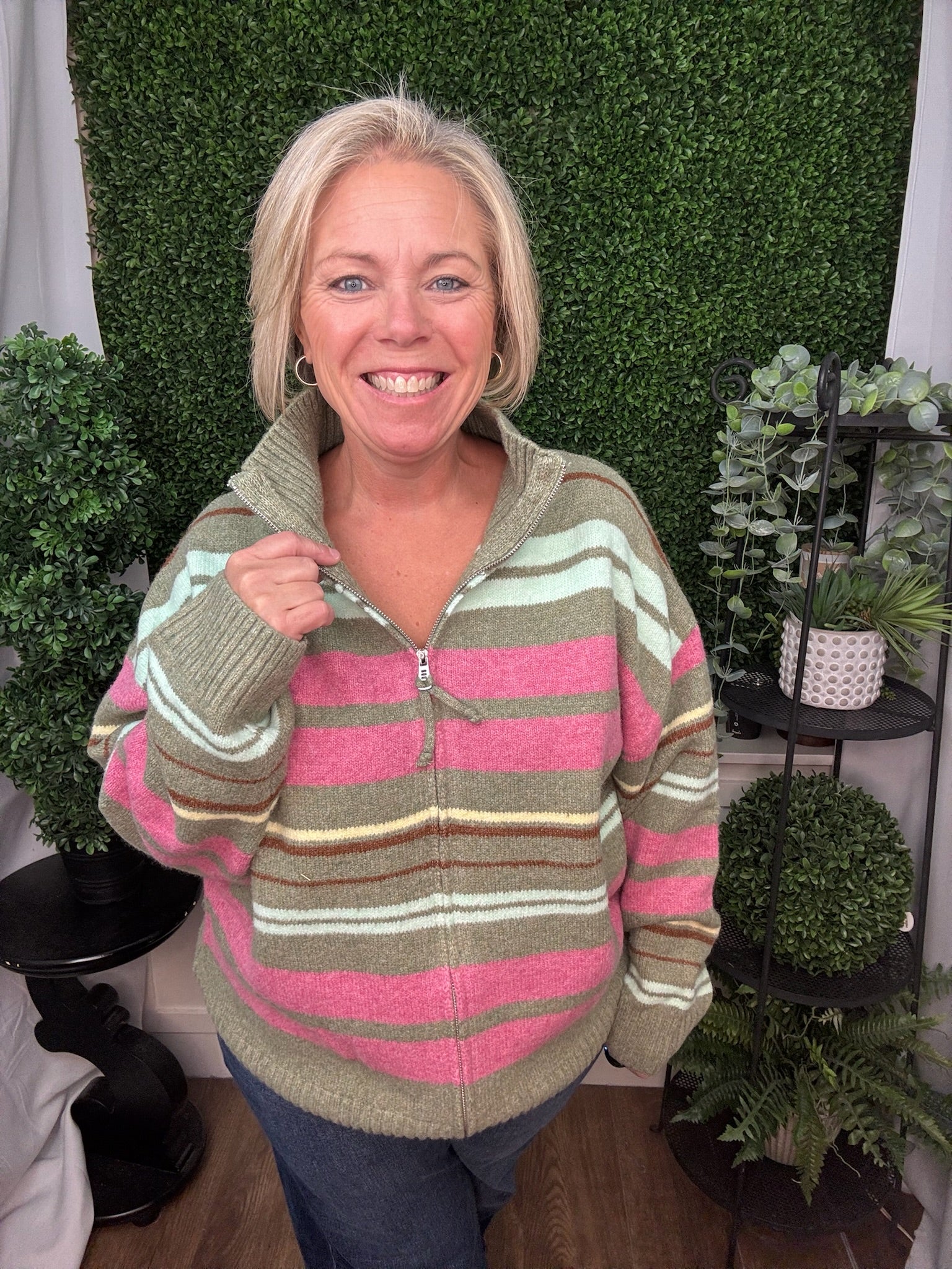 MULTICOLOR STRIPED MOCK NECK ZIP SWEATER - JADE MULTI