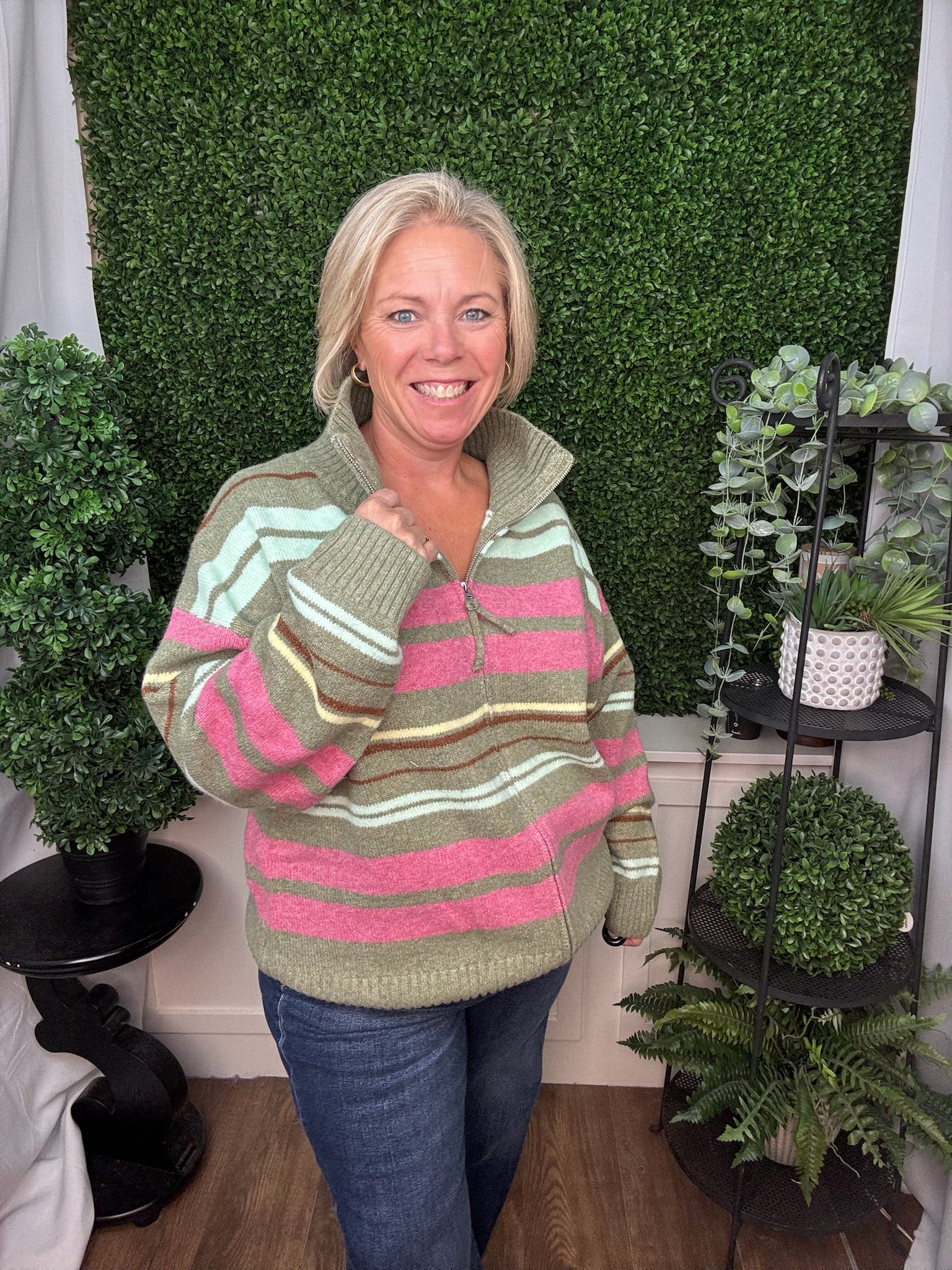 MULTICOLOR STRIPED MOCK NECK ZIP SWEATER - JADE MULTI