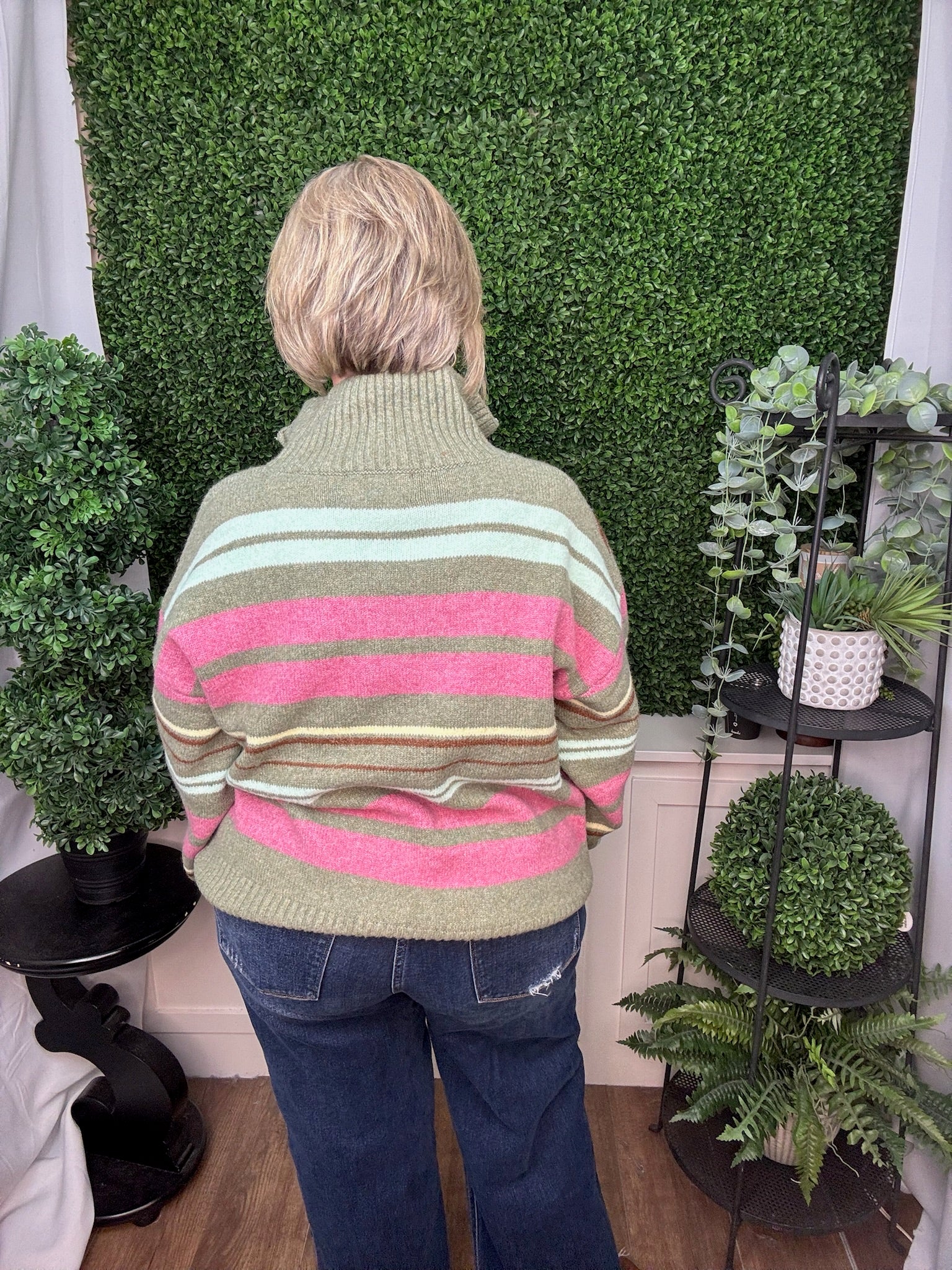 MULTICOLOR STRIPED MOCK NECK ZIP SWEATER - JADE MULTI