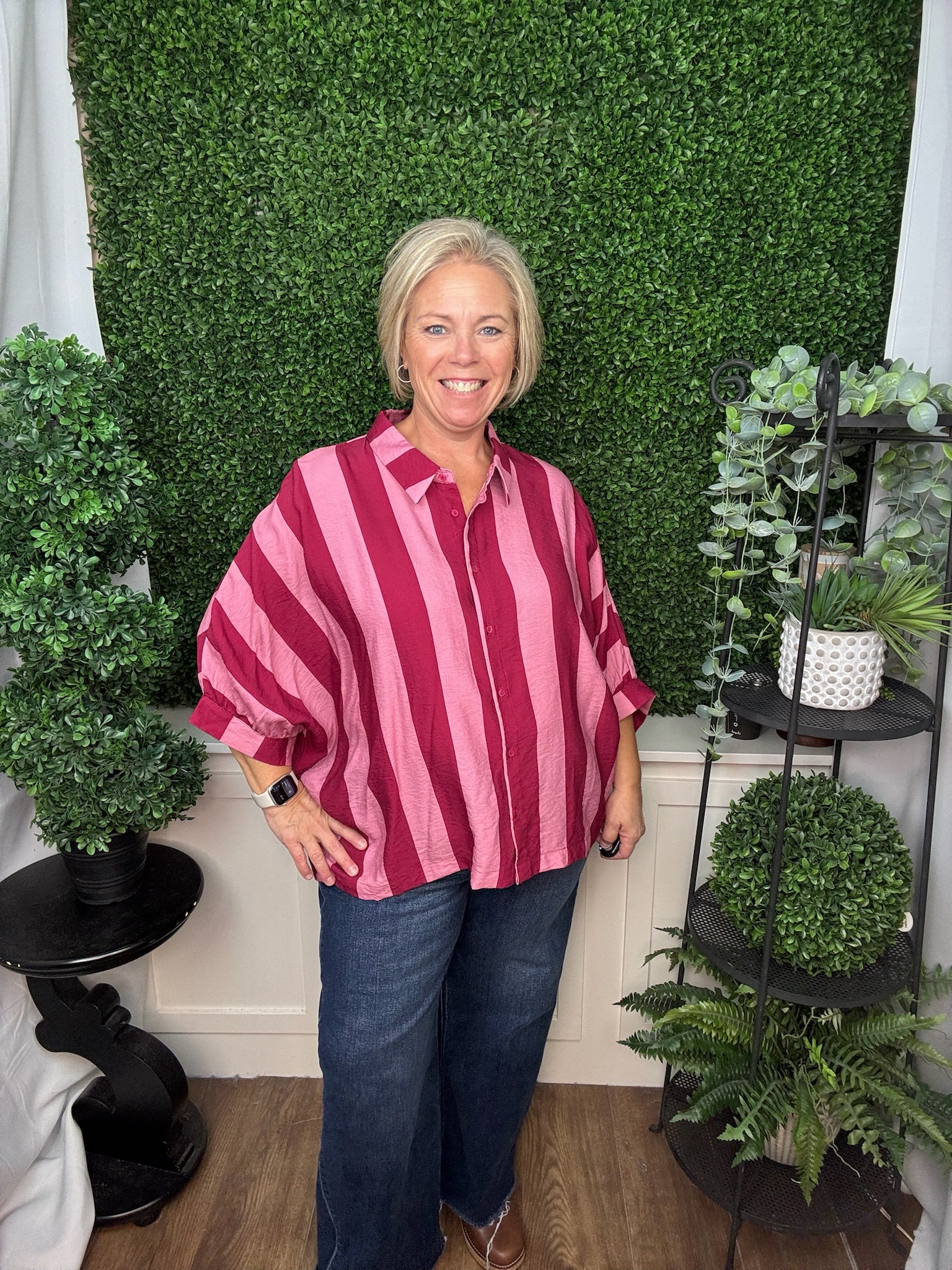 OVERSIZED STRIPE BUTTON FRONT DOLMAN SHIRT - PINK