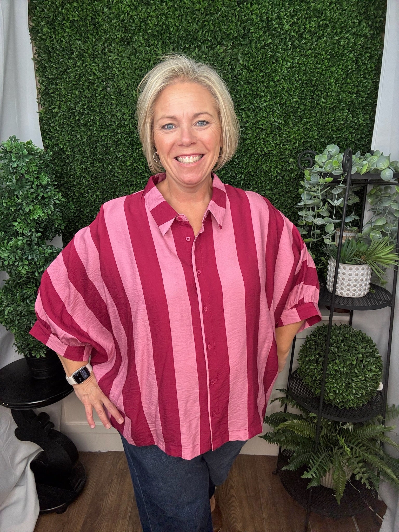 OVERSIZED STRIPE BUTTON FRONT DOLMAN SHIRT - PINK