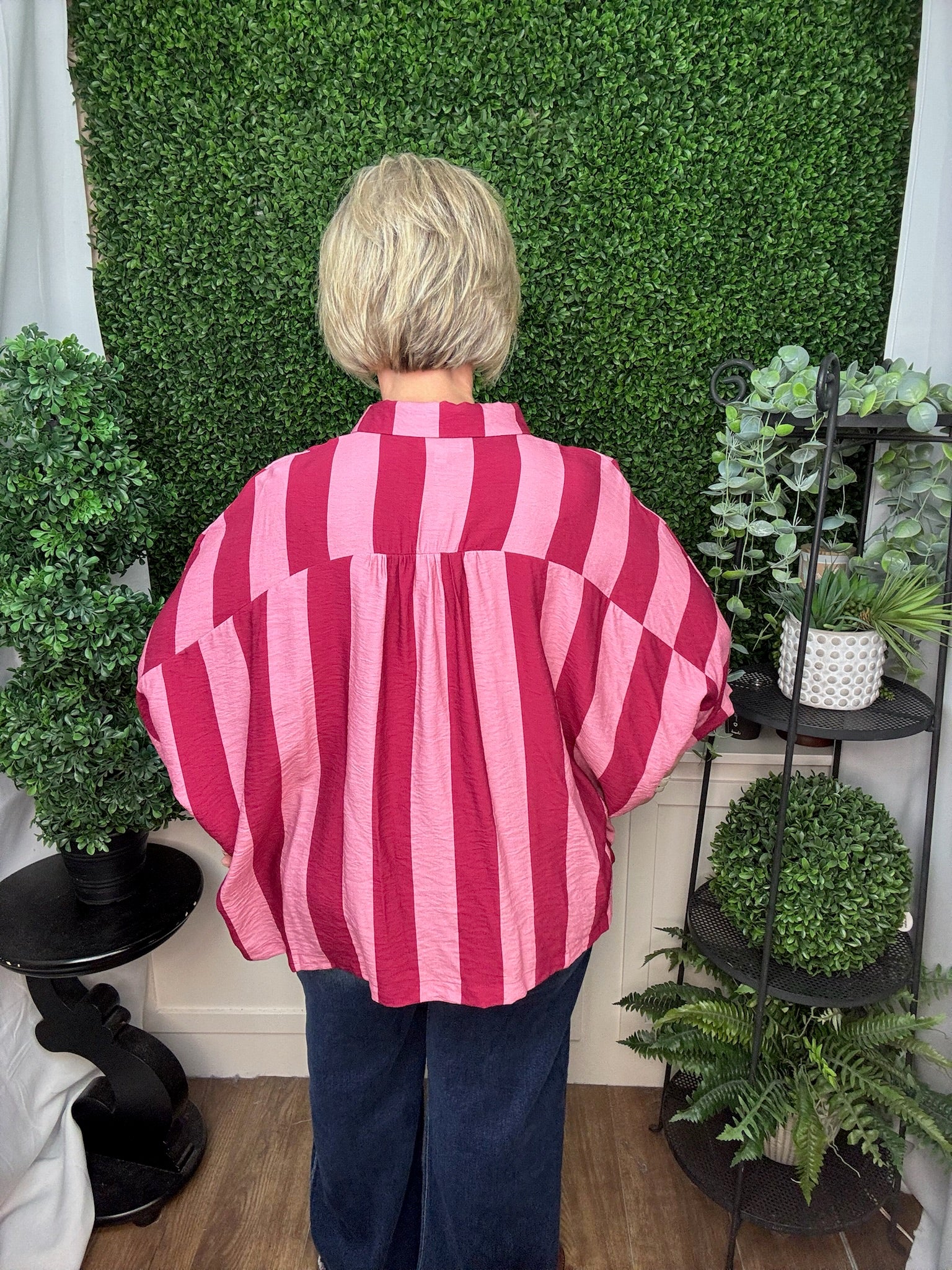 OVERSIZED STRIPE BUTTON FRONT DOLMAN SHIRT - PINK