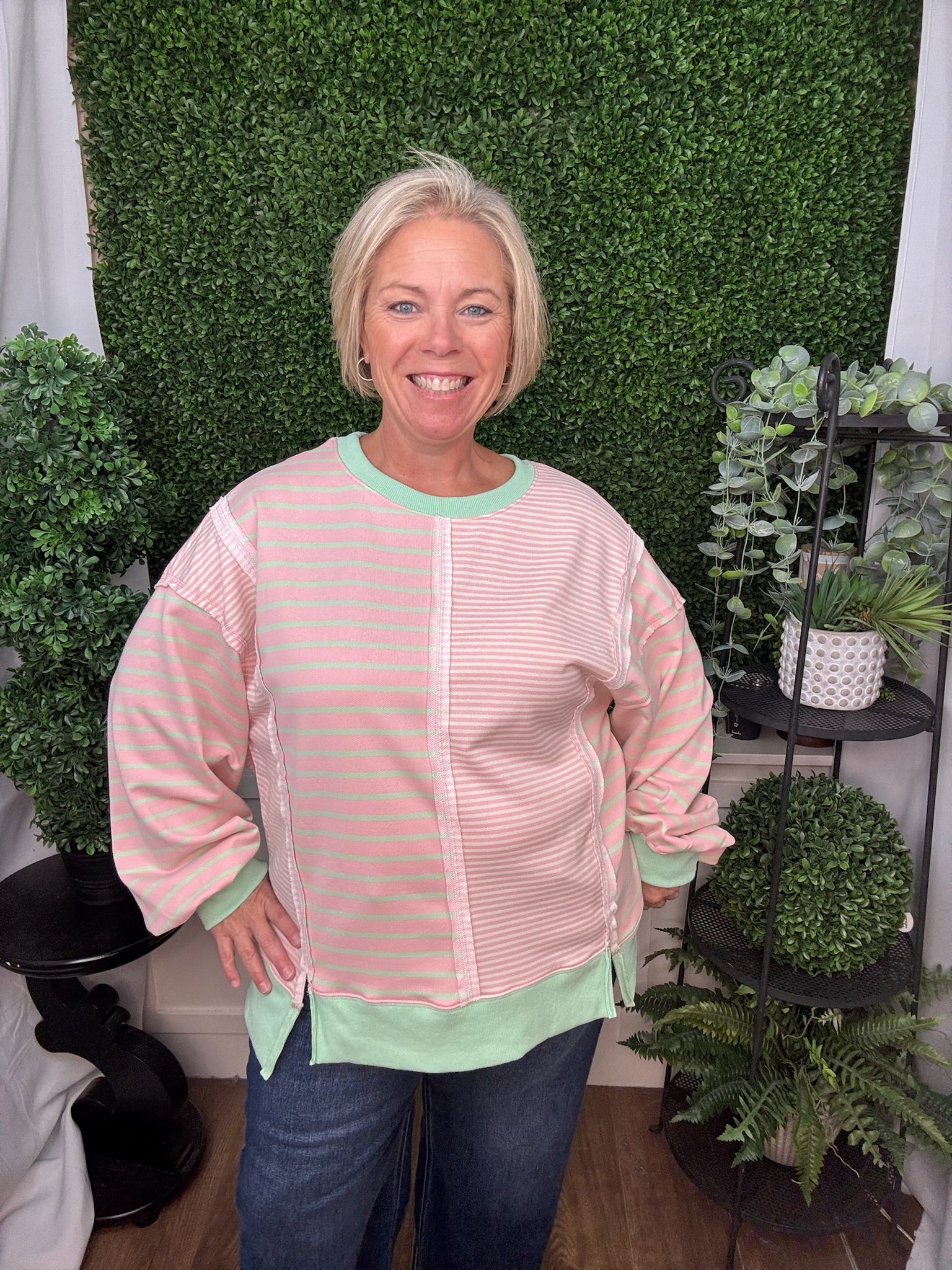 STRIPED CONTRAST PANEL CREW NECK SWEATER TOP - PINK/CREAM