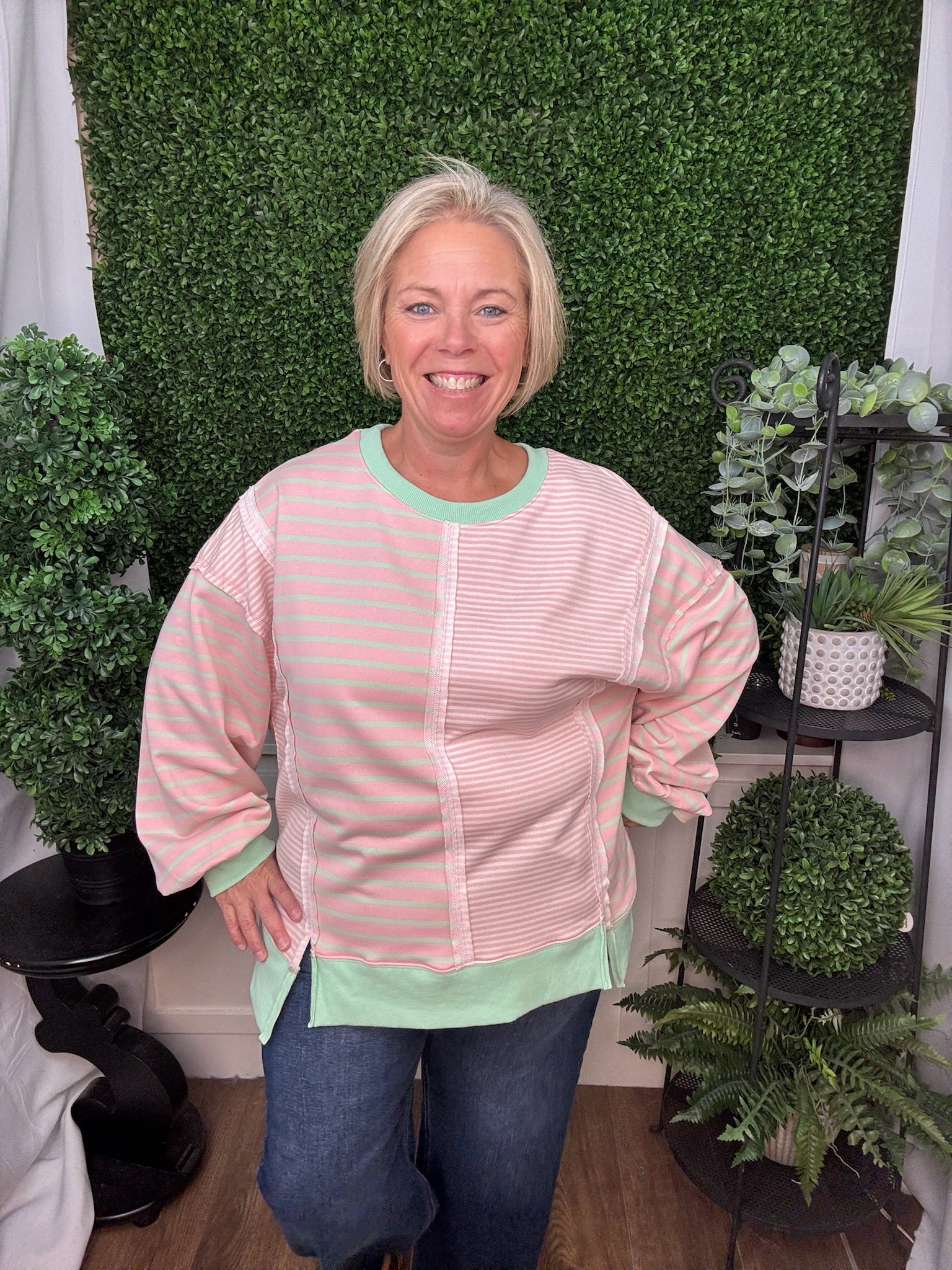 STRIPED CONTRAST PANEL CREW NECK SWEATER TOP - PINK/CREAM