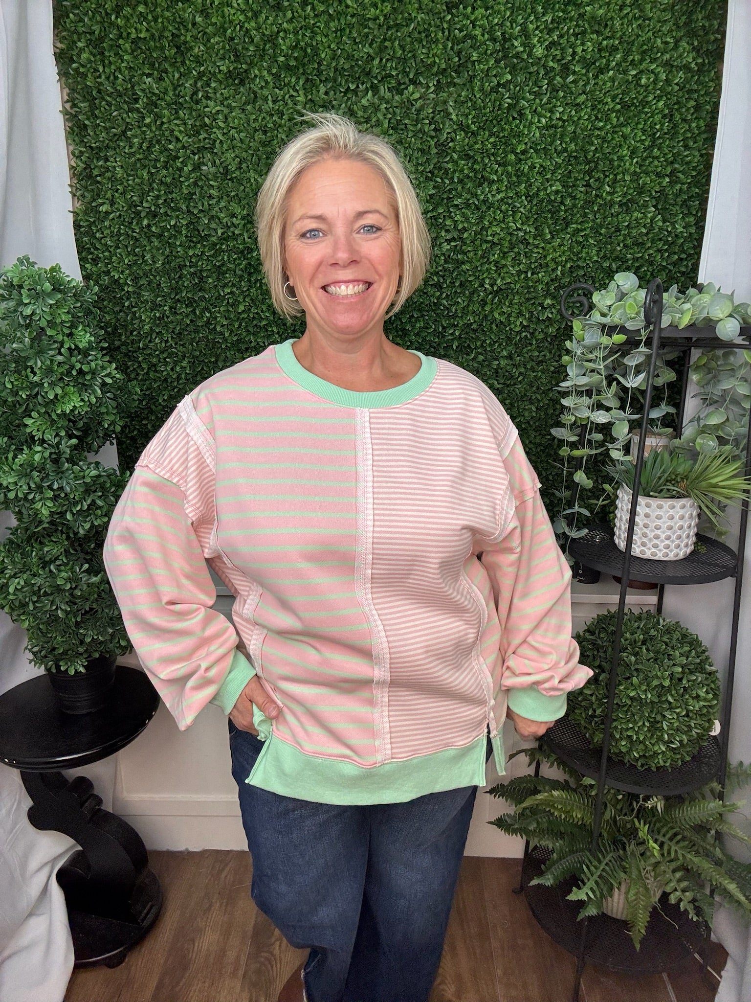 STRIPED CONTRAST PANEL CREW NECK SWEATER TOP - PINK/CREAM