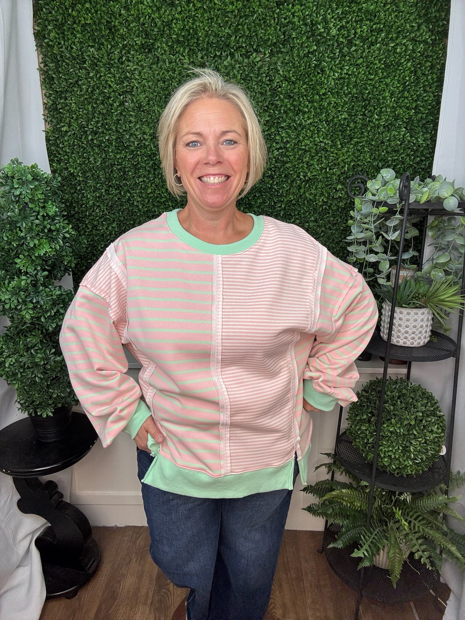 STRIPED CONTRAST PANEL CREW NECK SWEATER TOP - PINK/CREAM