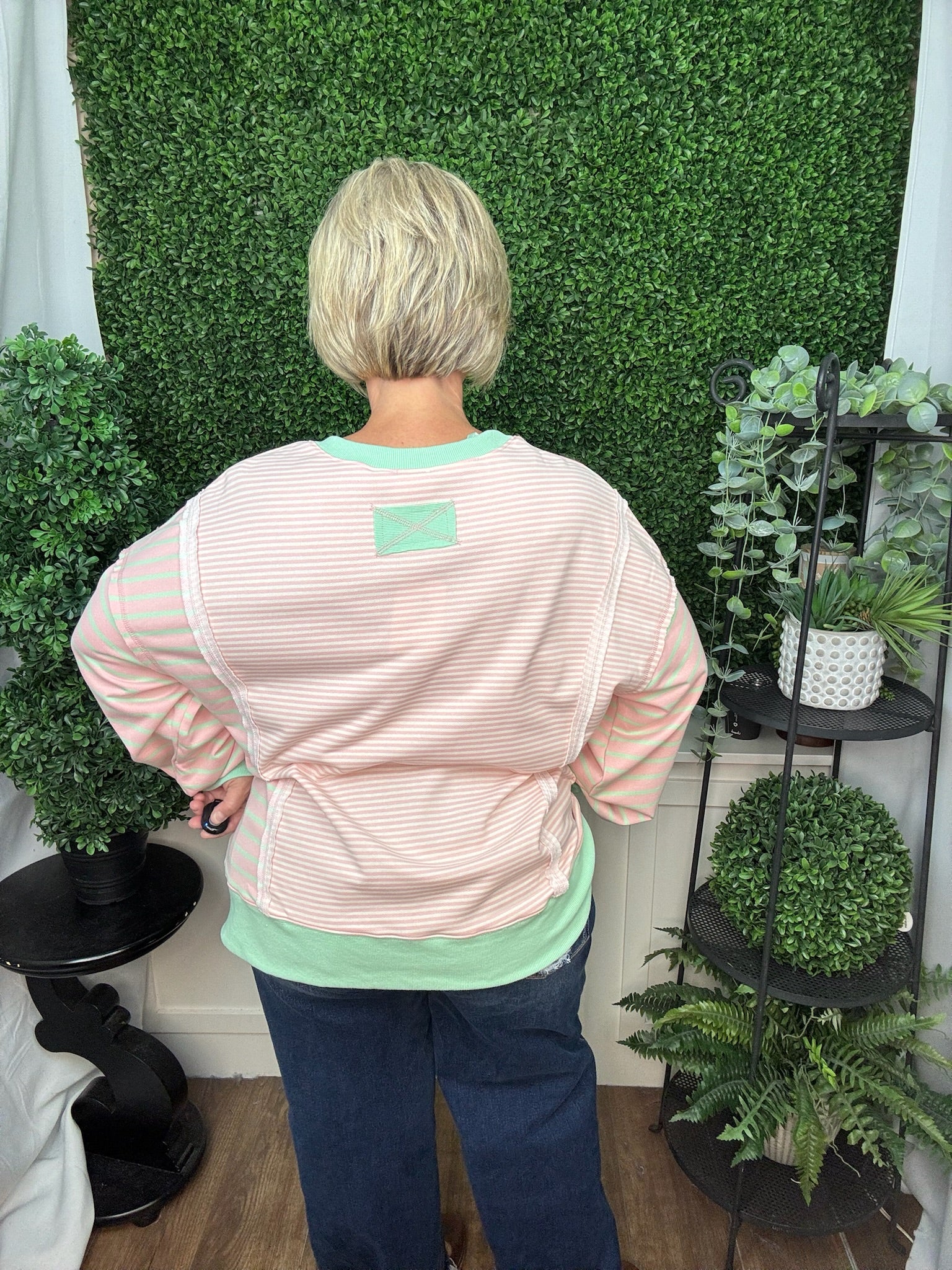 STRIPED CONTRAST PANEL CREW NECK SWEATER TOP - PINK/CREAM