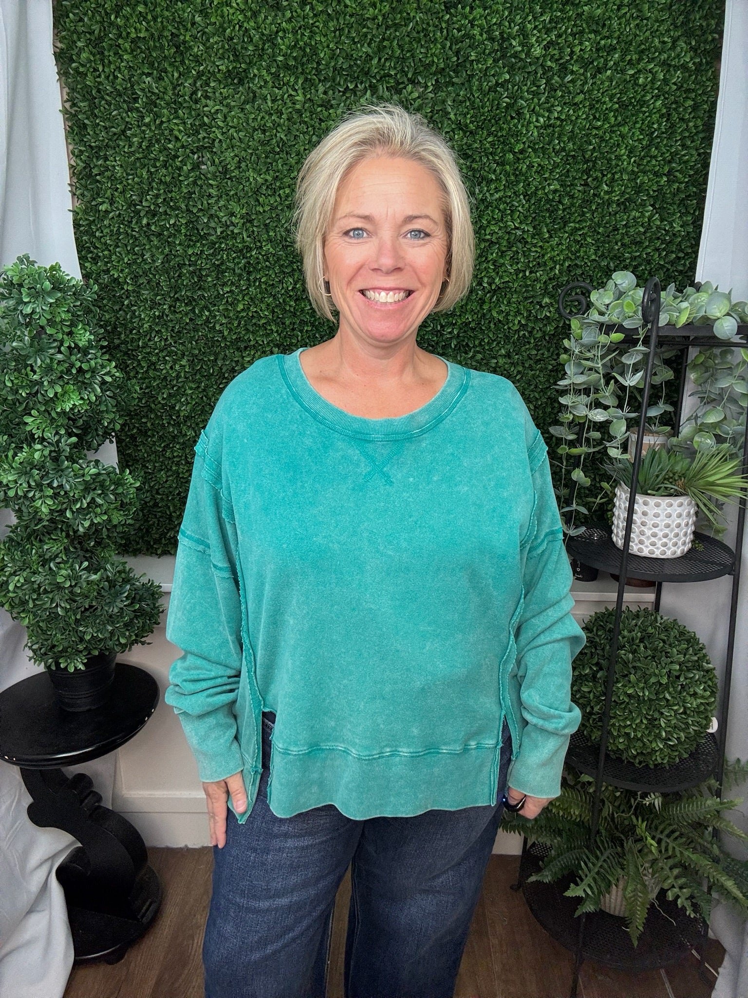 TEXTURED WASHED CREW NECK SWEATER TOP - SEA FOAM