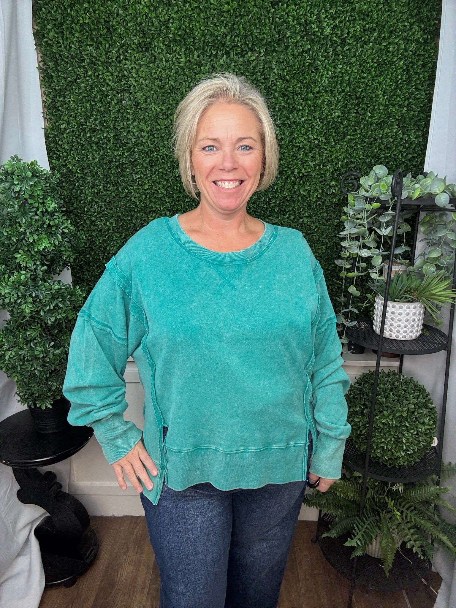 TEXTURED WASHED CREW NECK SWEATER TOP - SEA FOAM