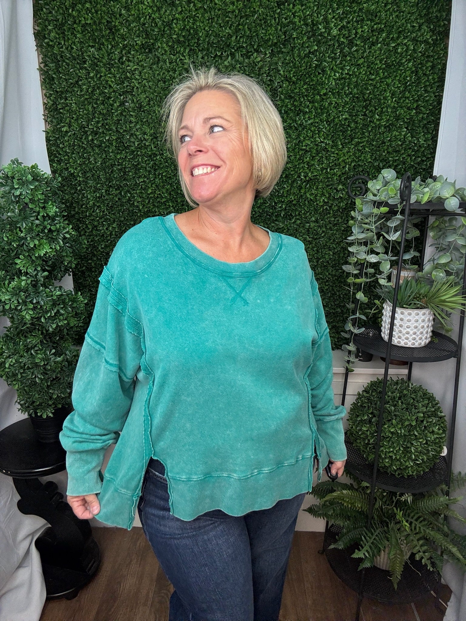 TEXTURED WASHED CREW NECK SWEATER TOP - SEA FOAM