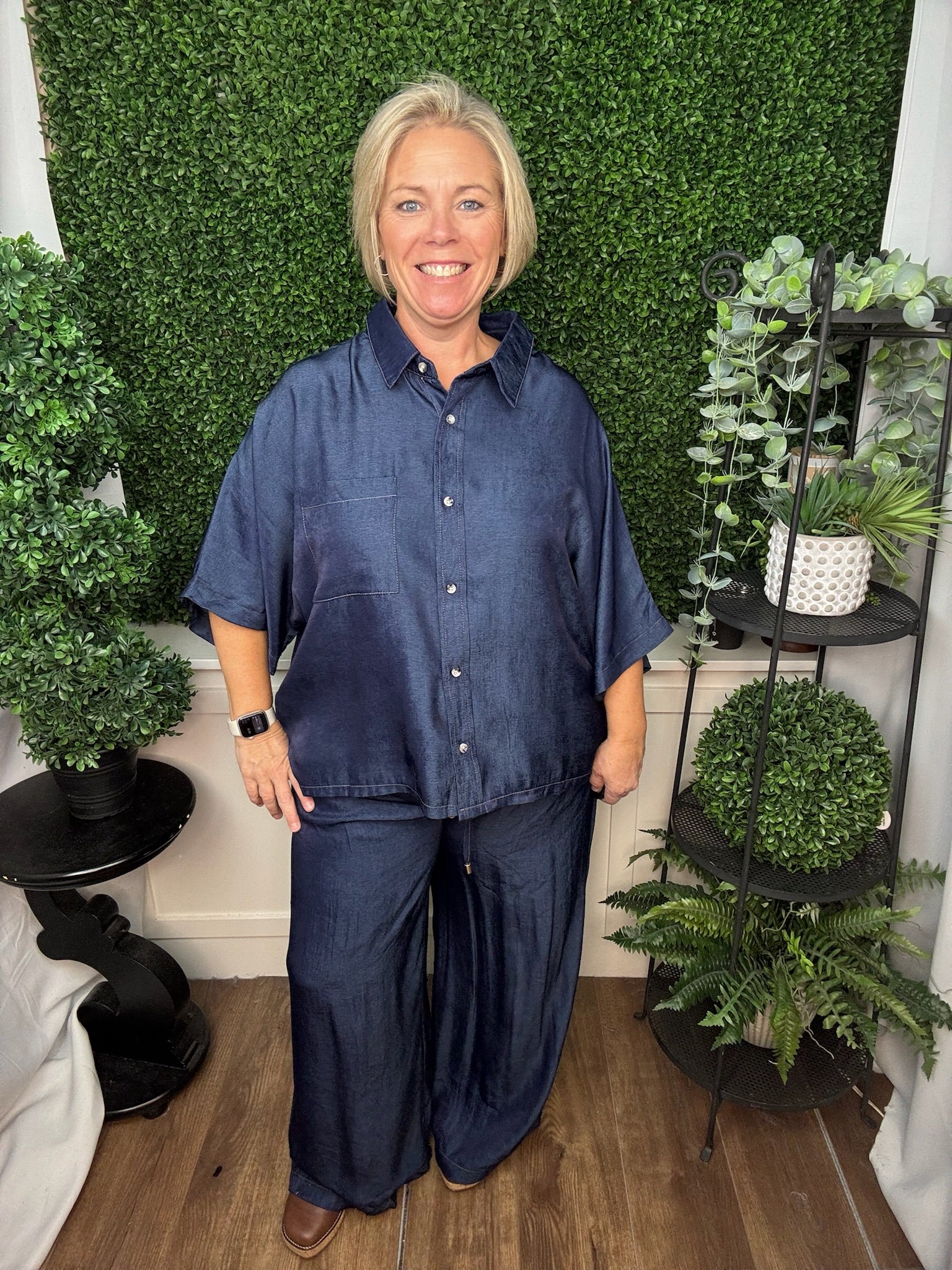 BUTTON FLOWY SHIRT WITH DOLMAN SLEEVE AND DRAWSTRING WIDE LEG PANTS SET - INDIGO