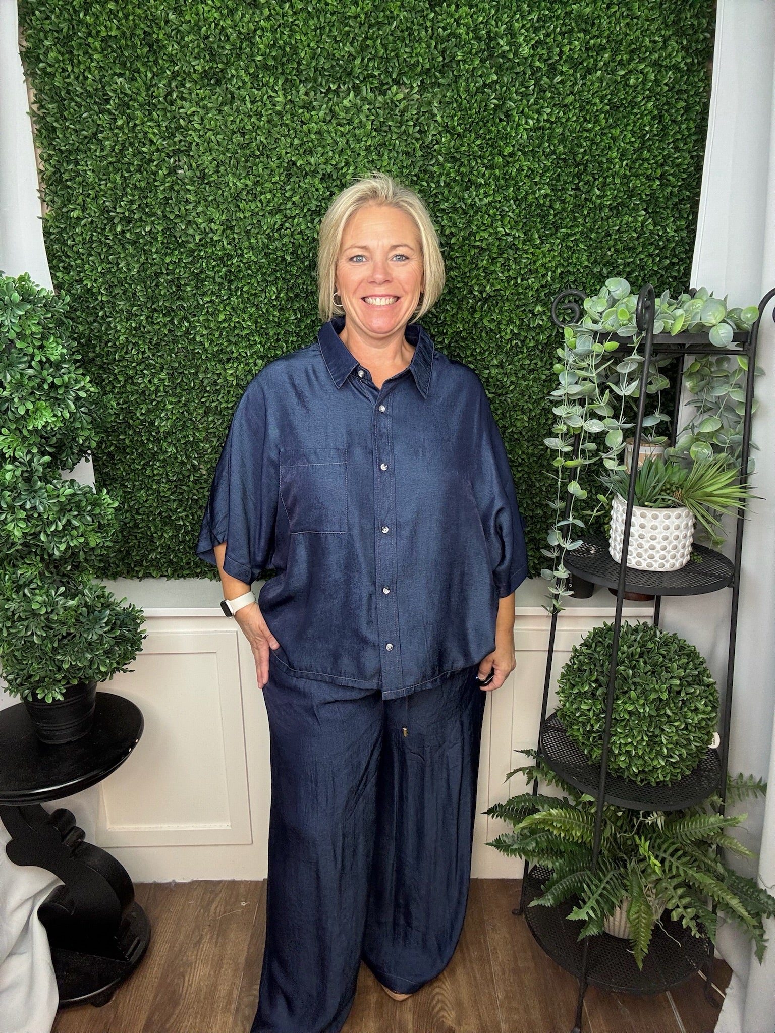 BUTTON FLOWY SHIRT WITH DOLMAN SLEEVE AND DRAWSTRING WIDE LEG PANTS SET - INDIGO