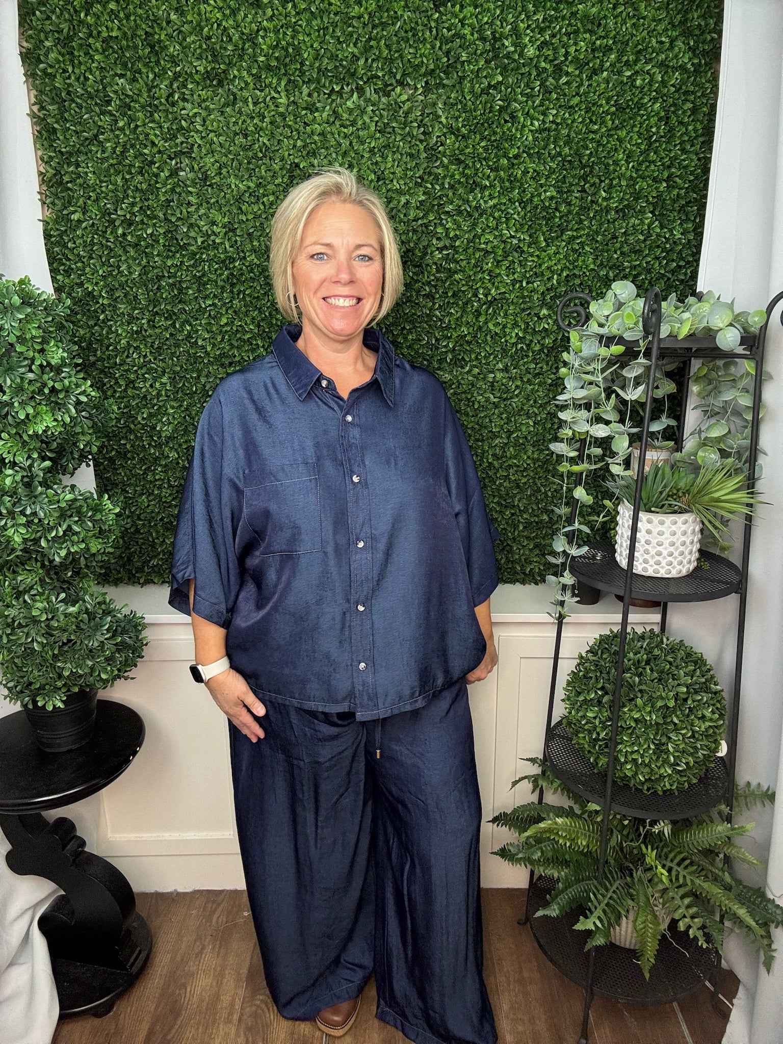 BUTTON FLOWY SHIRT WITH DOLMAN SLEEVE AND DRAWSTRING WIDE LEG PANTS SET - INDIGO