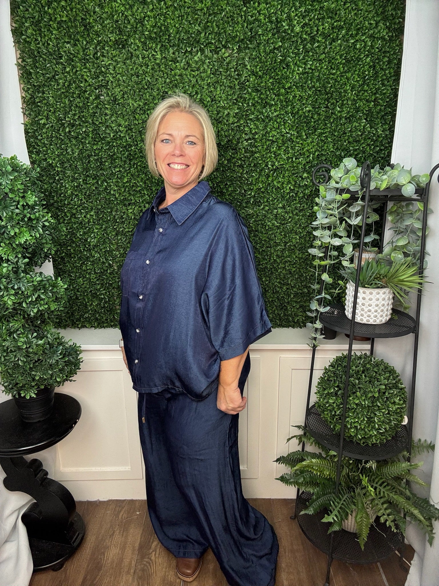 BUTTON FLOWY SHIRT WITH DOLMAN SLEEVE AND DRAWSTRING WIDE LEG PANTS SET - INDIGO