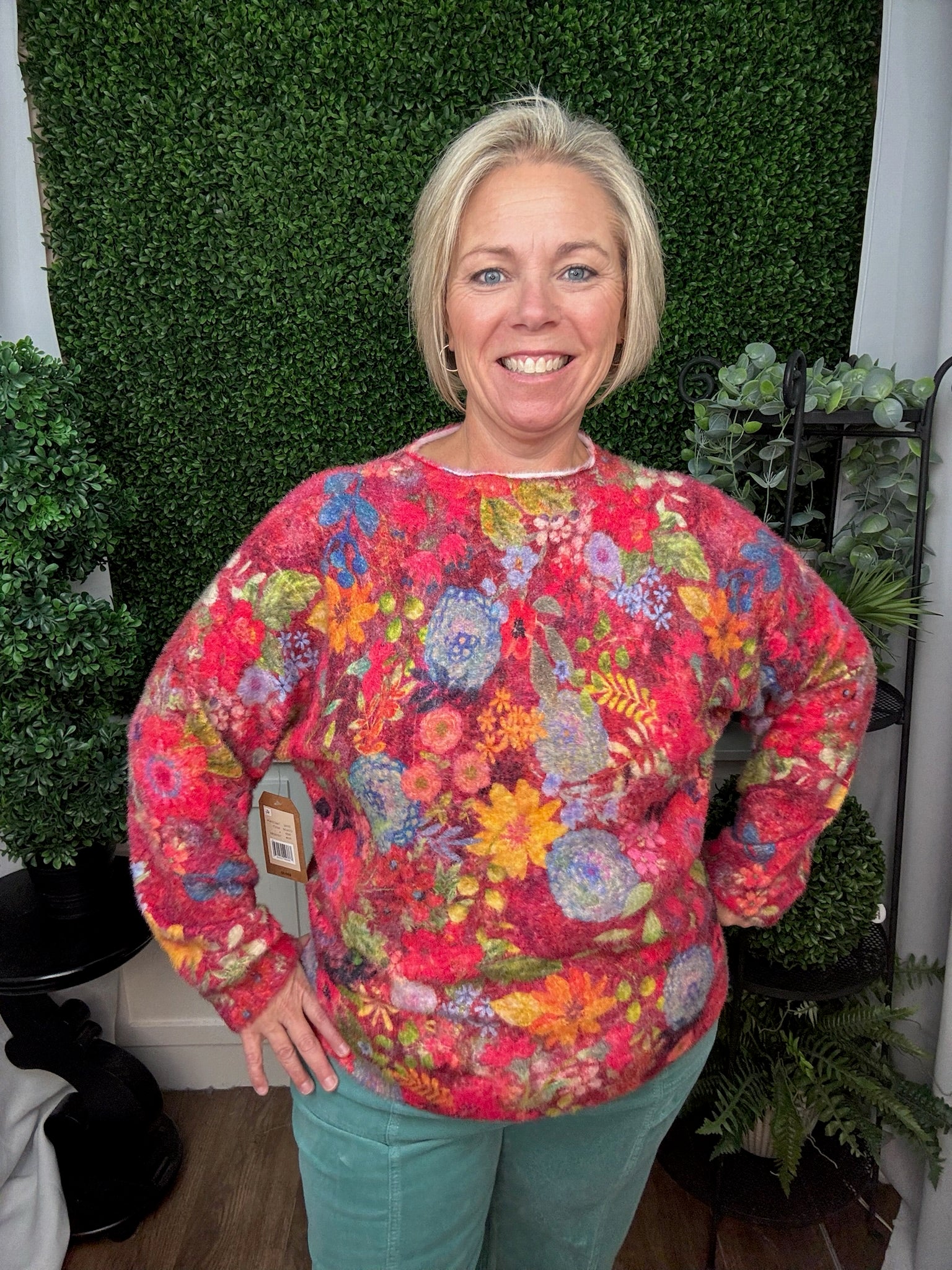 KNIT PRINTED FUNNEL NECK LS SWEATER - MULTI