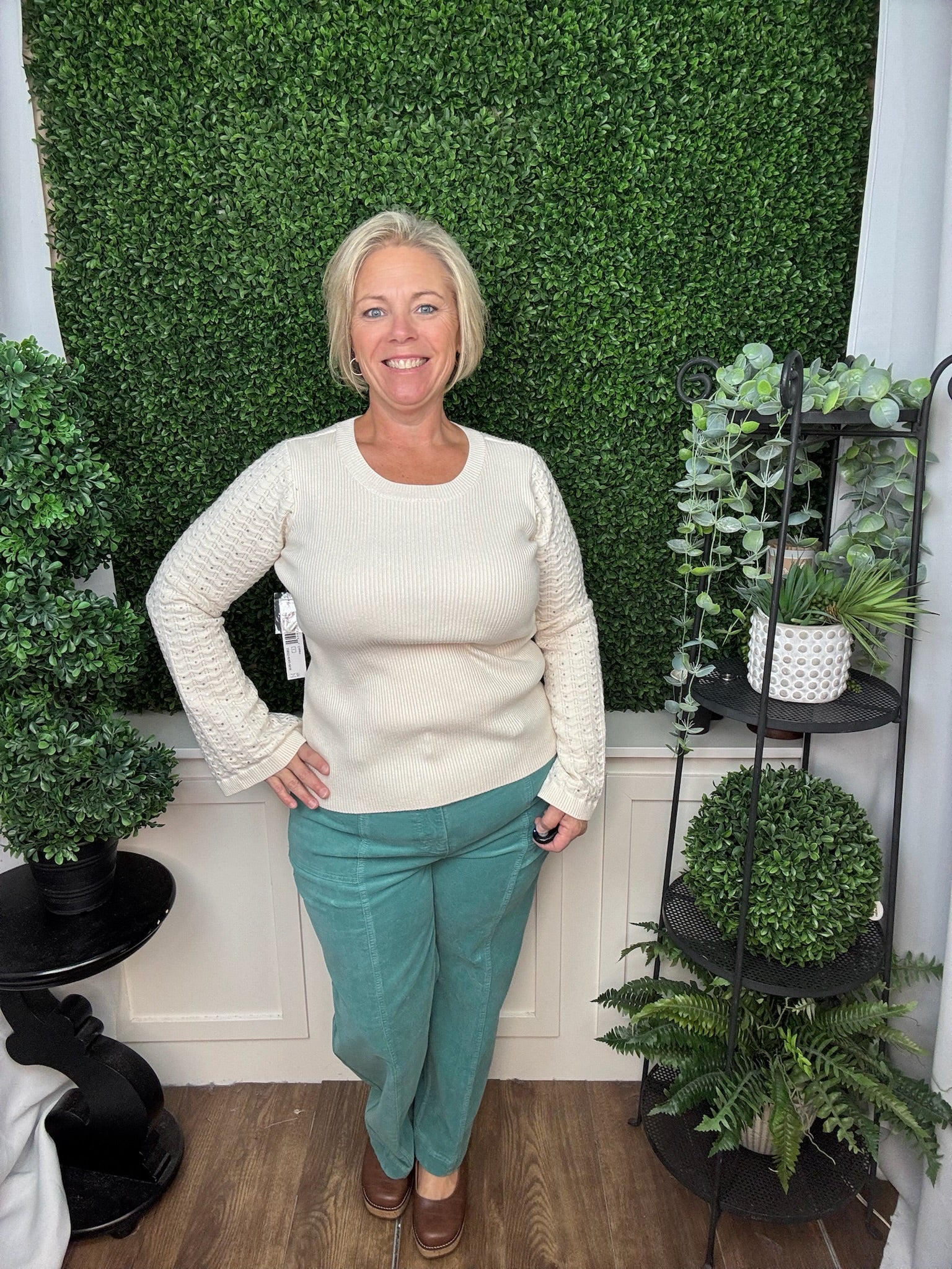 Long Sleeve Crew Neck Sweater with Studded Sleeves - Cream