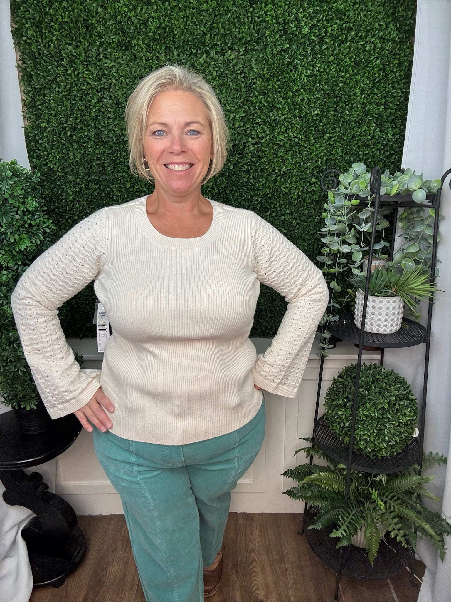 Long Sleeve Crew Neck Sweater with Studded Sleeves - Cream