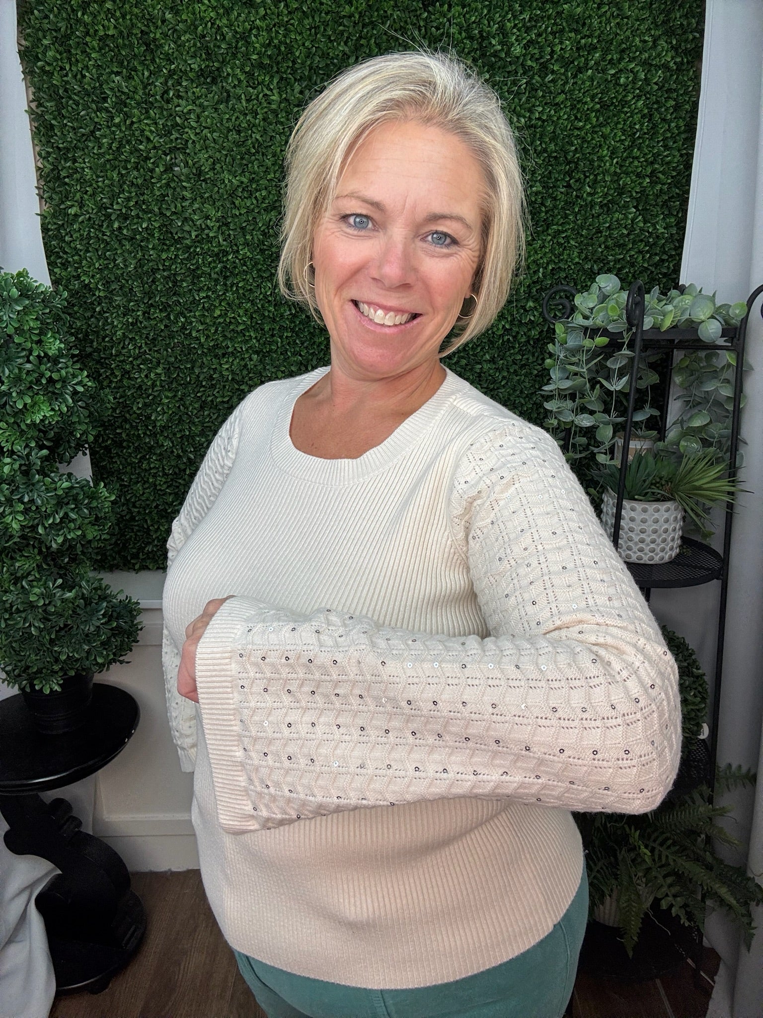 Long Sleeve Crew Neck Sweater with Studded Sleeves - Cream