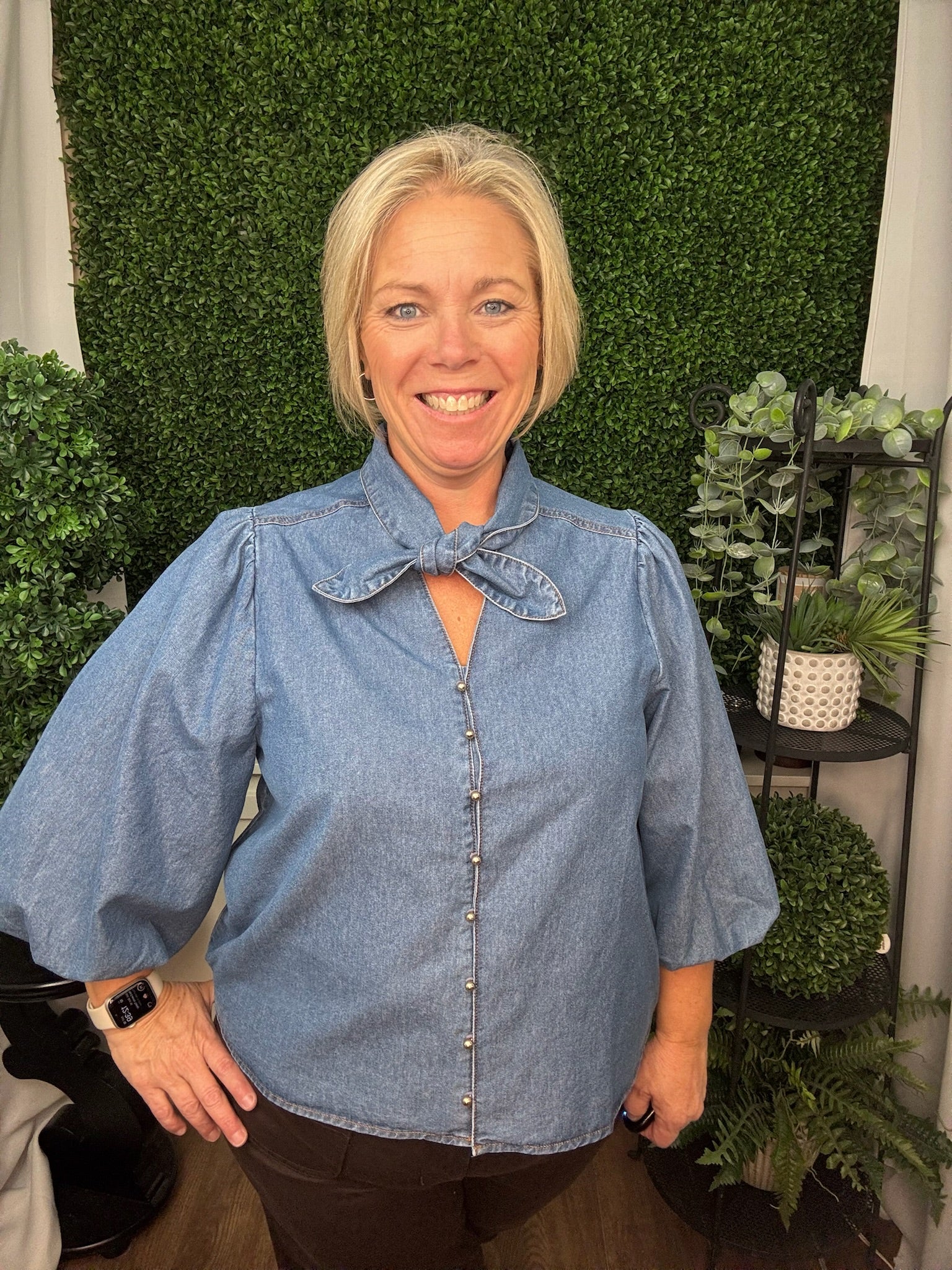 PUFF SLEEVE BUTTON DOWN TOP WITH TIE NECK - DENIM