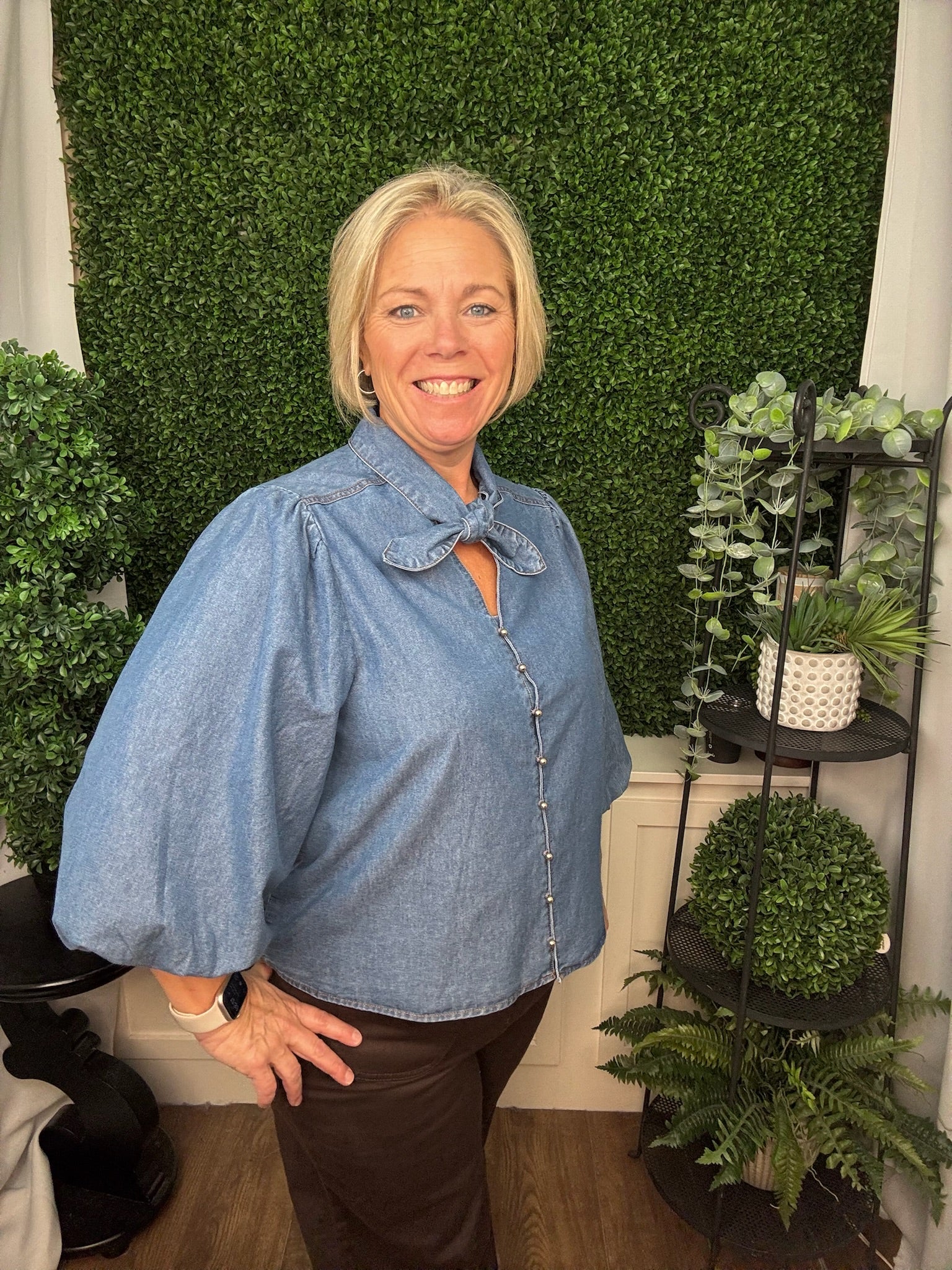 PUFF SLEEVE BUTTON DOWN TOP WITH TIE NECK - DENIM