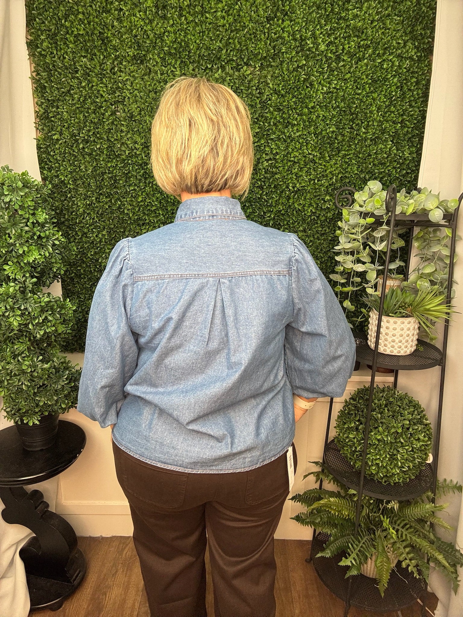 PUFF SLEEVE BUTTON DOWN TOP WITH TIE NECK - DENIM