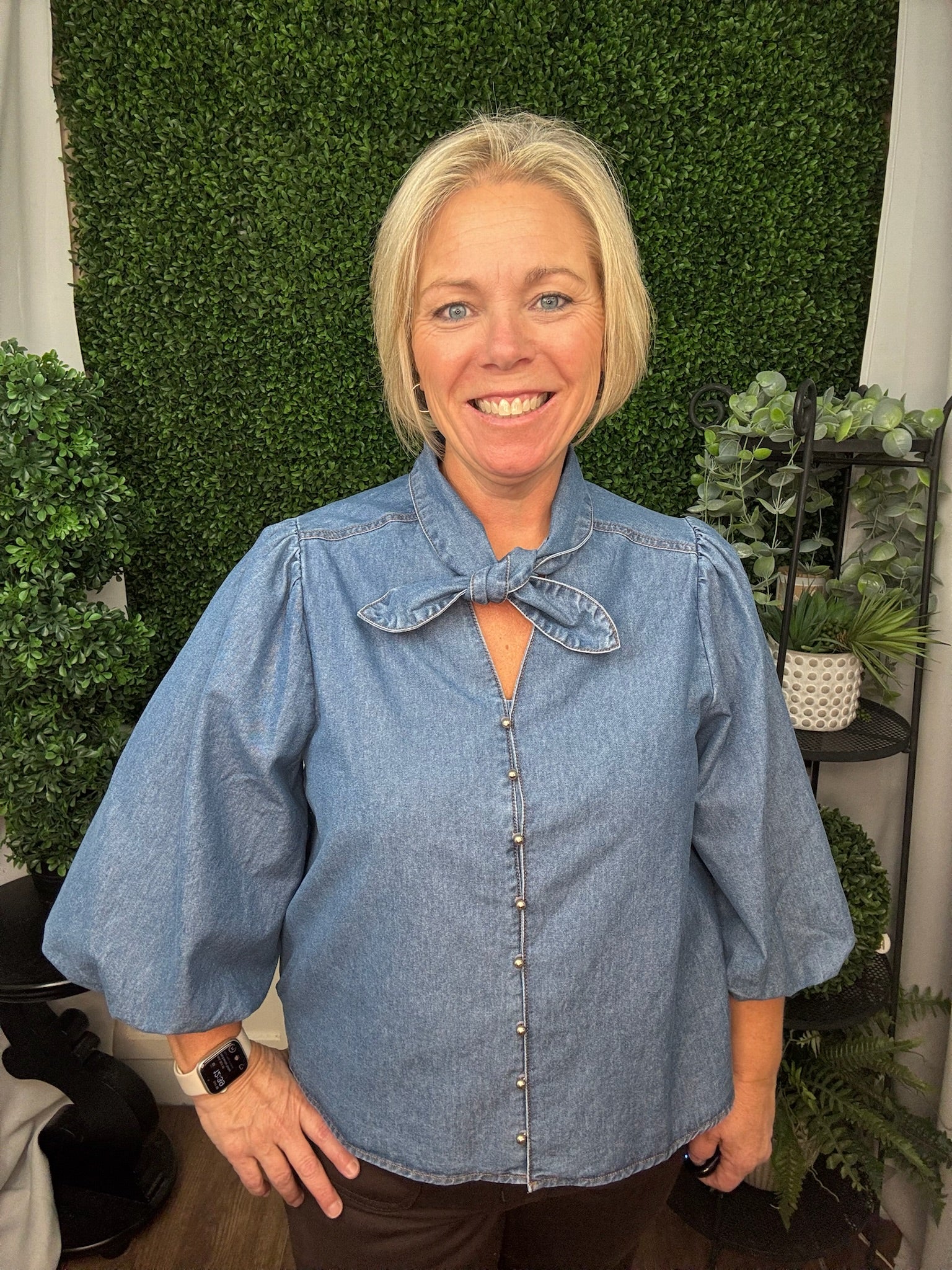 PUFF SLEEVE BUTTON DOWN TOP WITH TIE NECK - DENIM