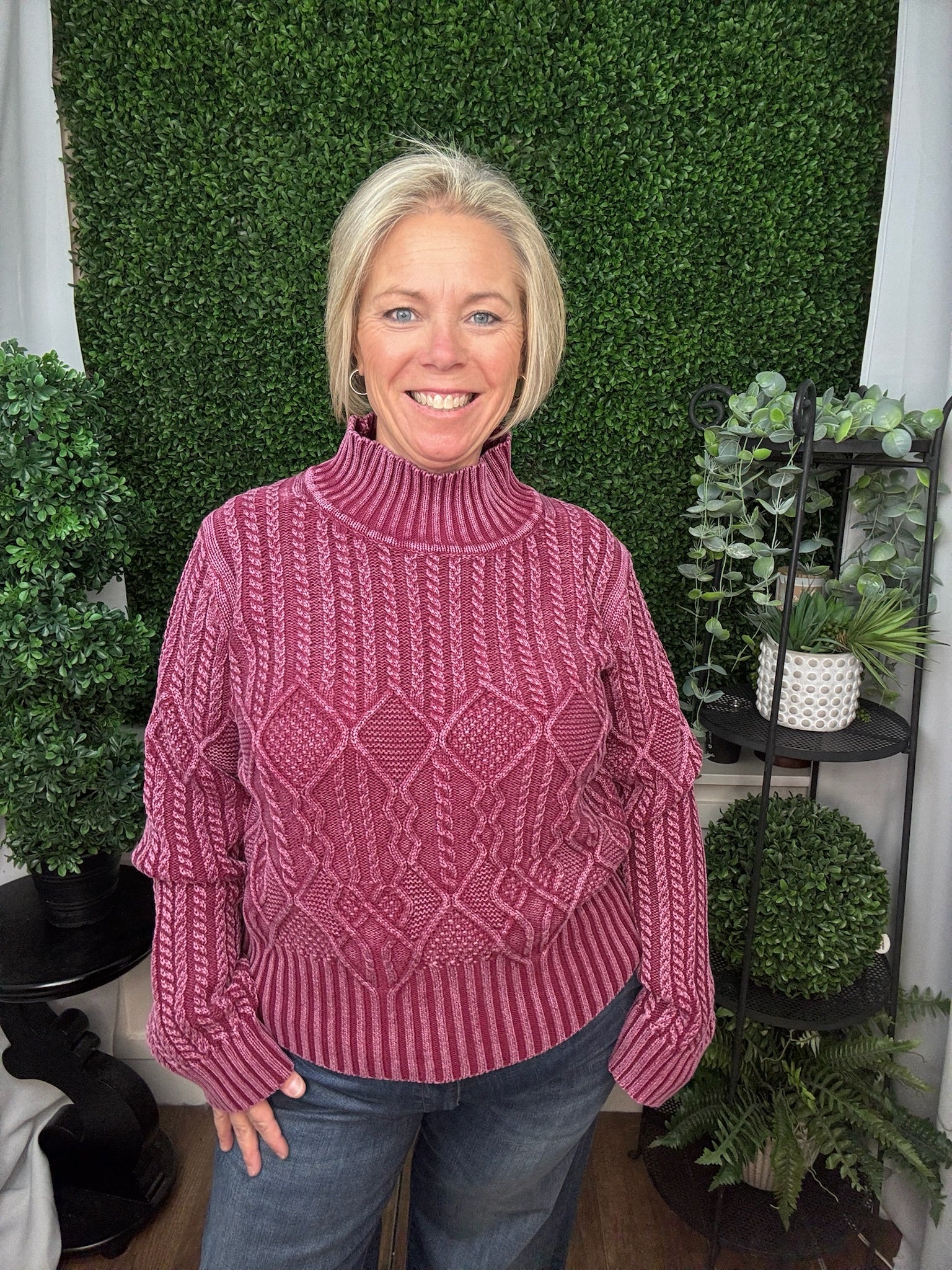 Mock Neck Sweater with Special Wash - Cherrylacquer