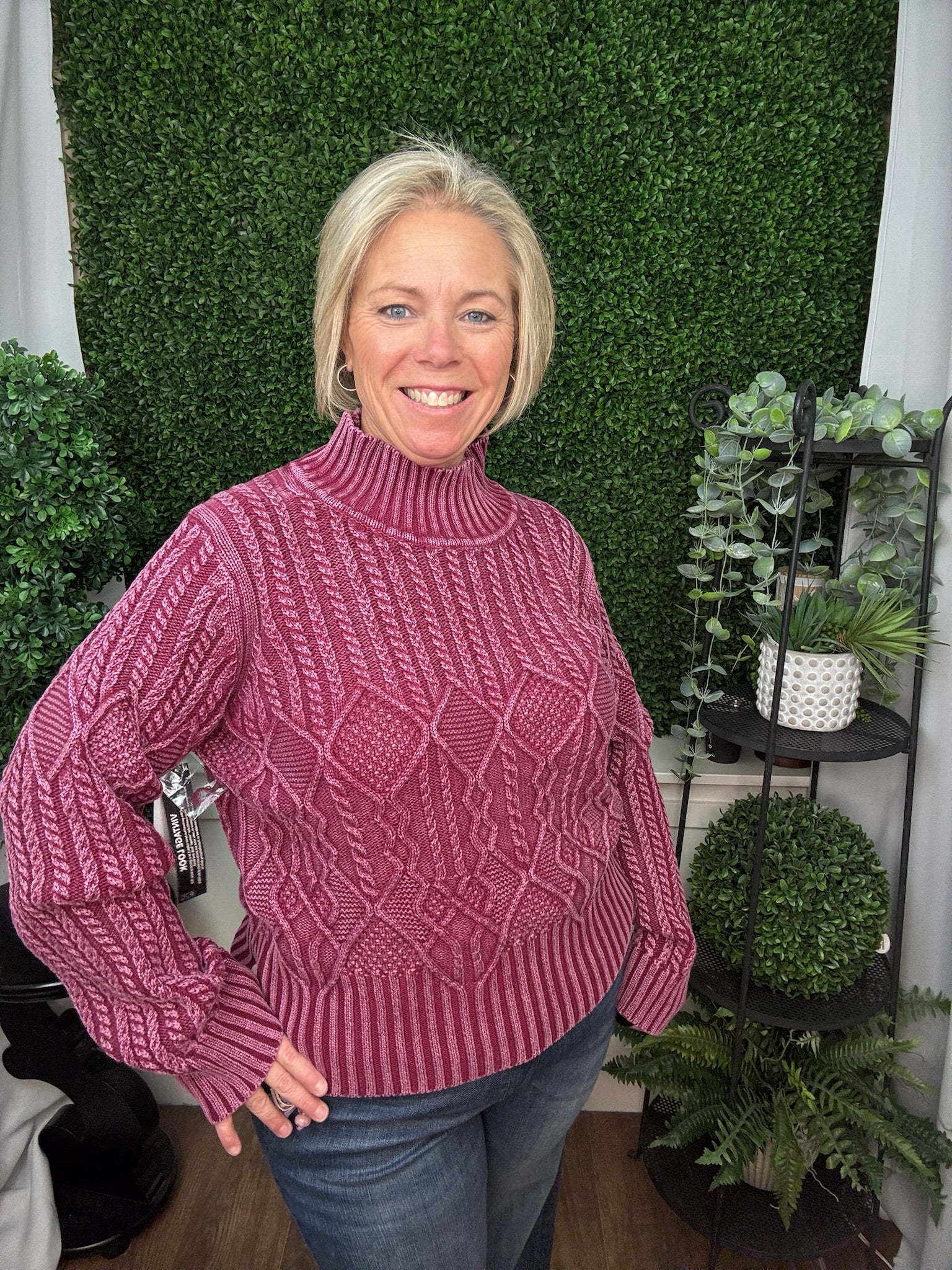 Mock Neck Sweater with Special Wash - Cherrylacquer