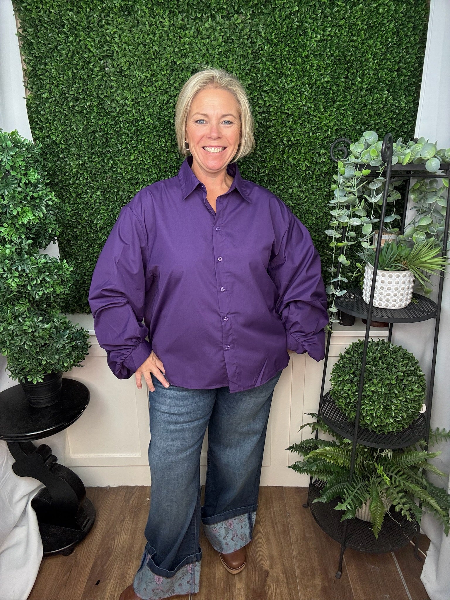 CLASSIC COLLARED BUTTON DOWN SHIRT - OLIVE/PURPLE