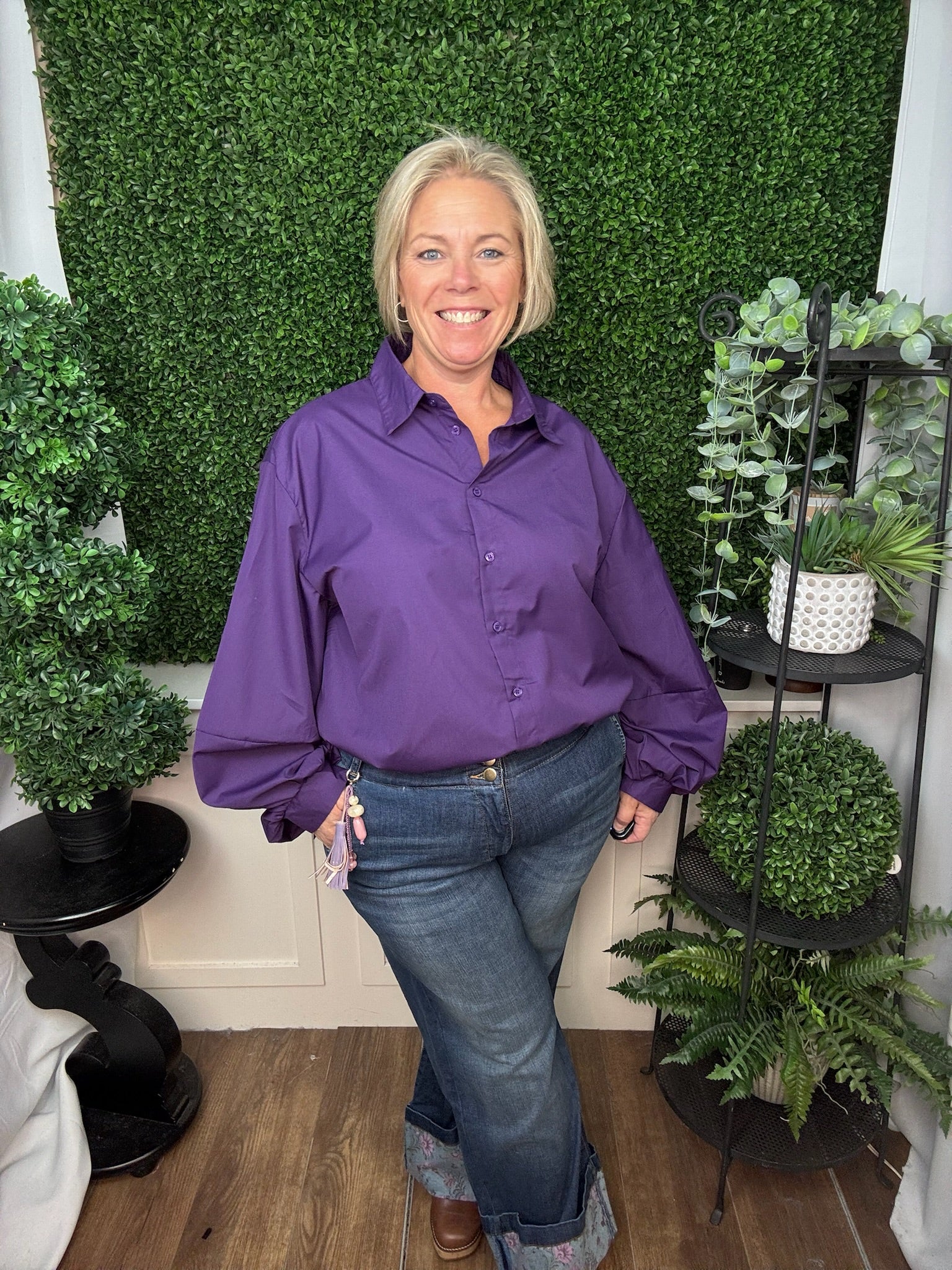 CLASSIC COLLARED BUTTON DOWN SHIRT - OLIVE/PURPLE