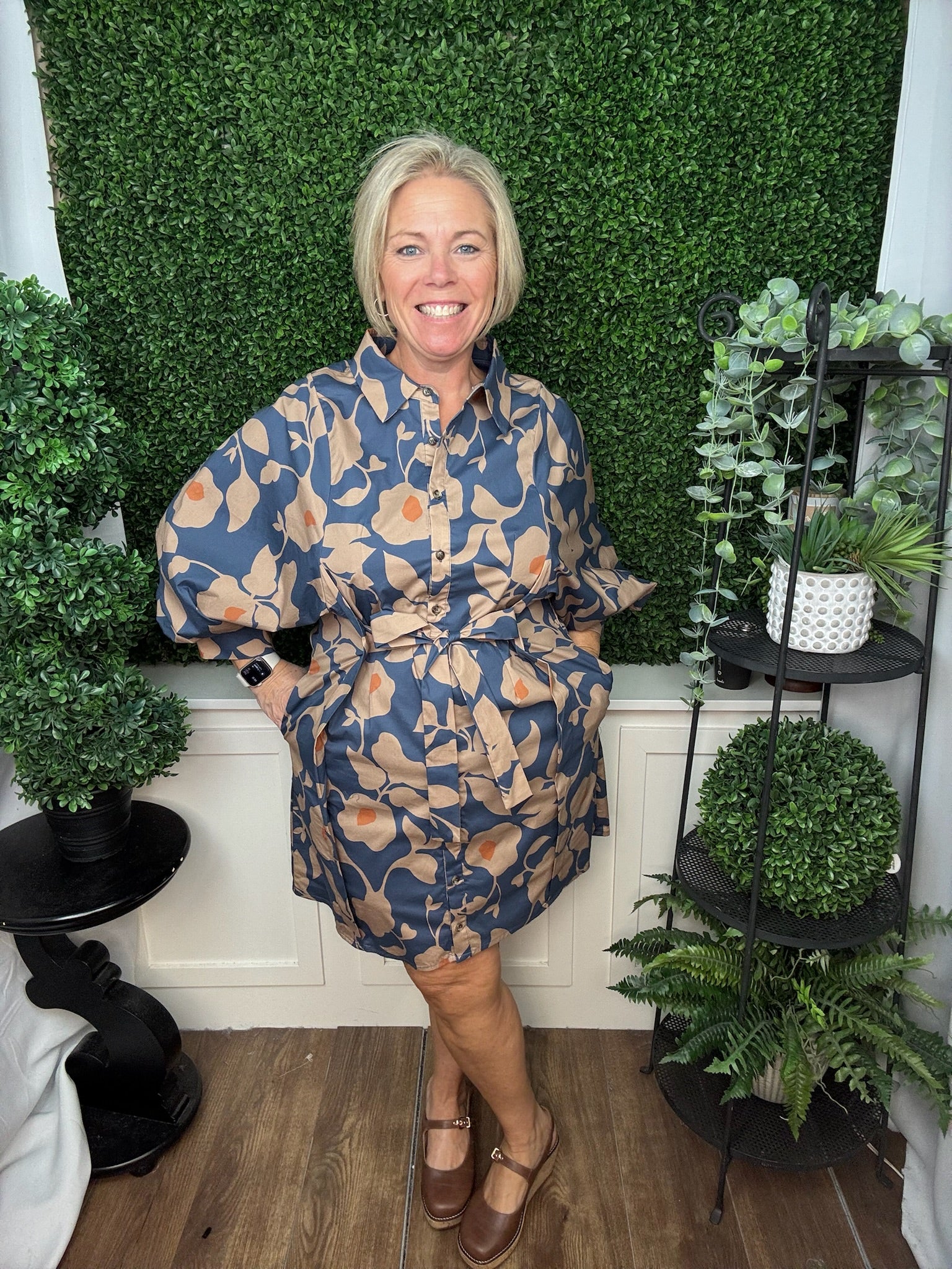 ABSTRACT PRINT BUTTON DOWN MINI DRESS - TEAL