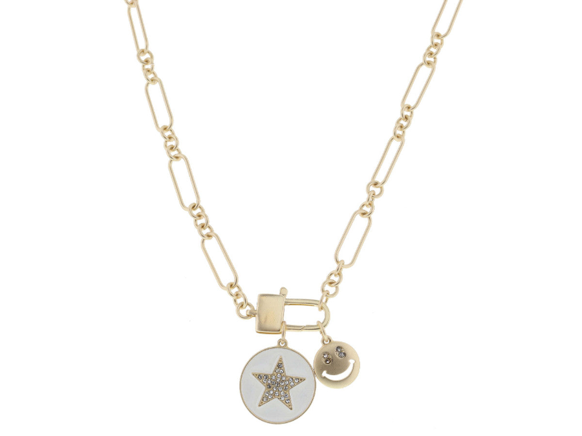 16" WHITE DISC W/CLEAR CRYSTAL STAR & GOLD HAPPY FACE NECKLACE