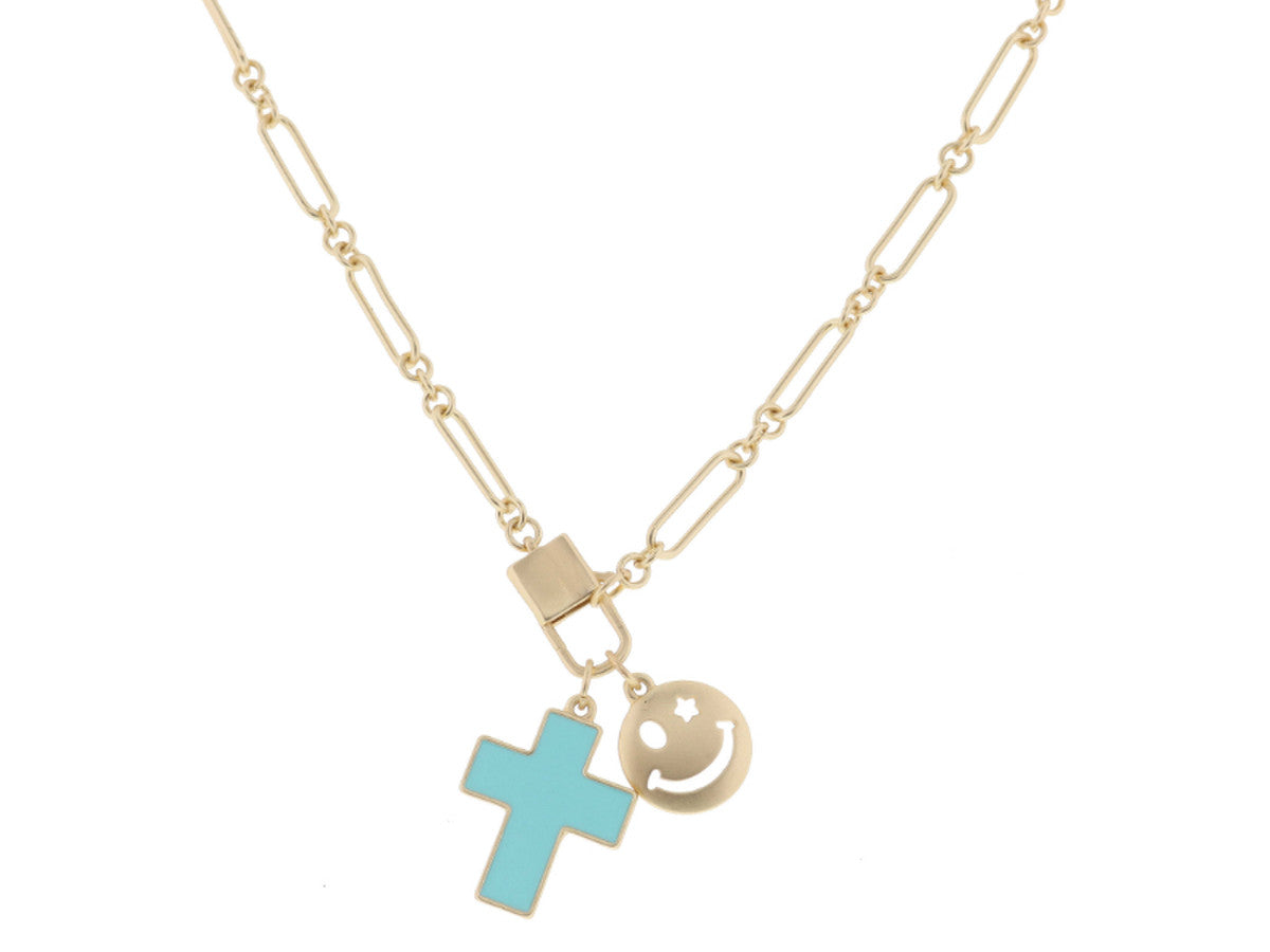 14" MINT CROSS AND GOLD HAPPY FACE W/STAR EYE NECKLACE