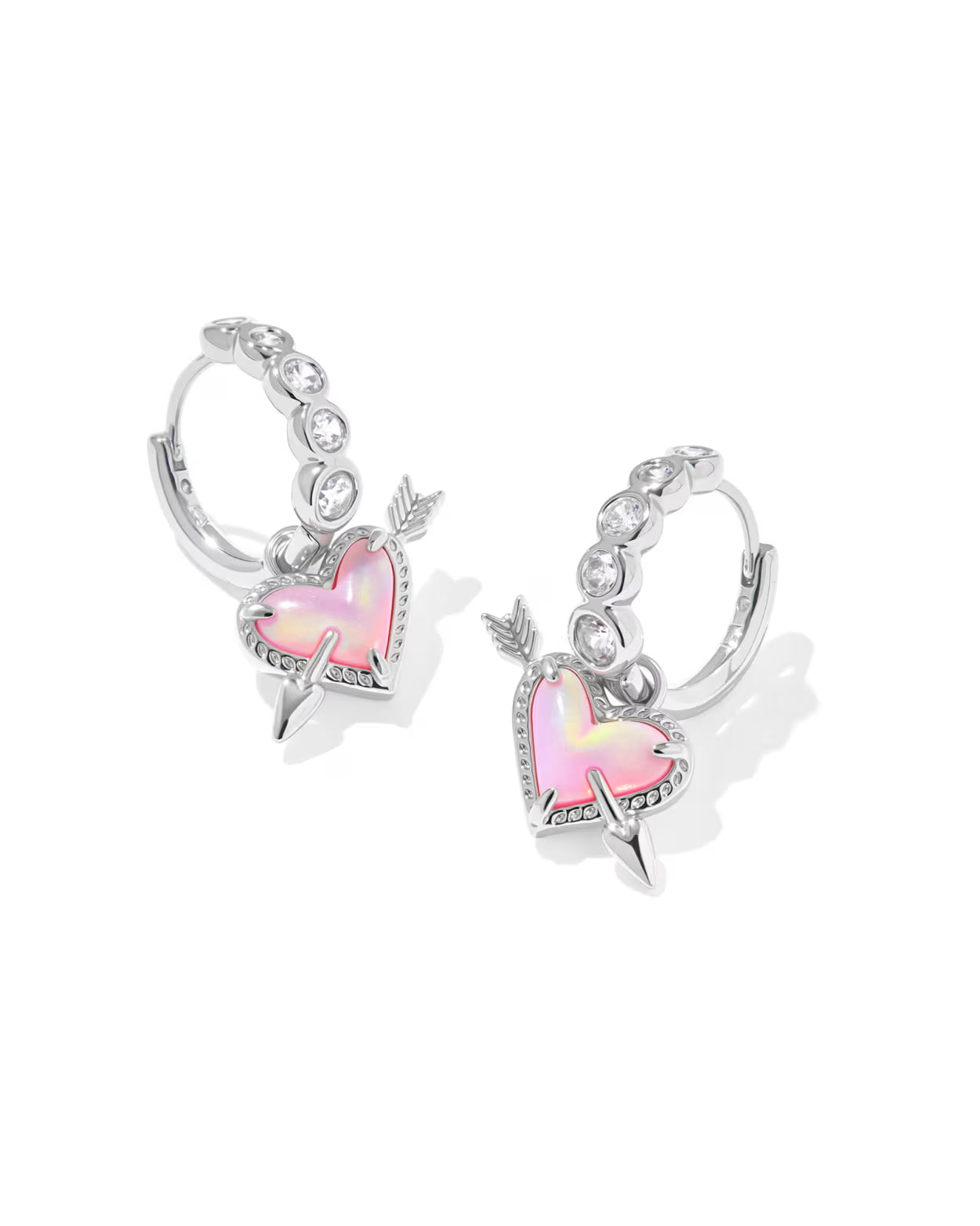 ARI HEART ARROW HUGGIE EARRINGS -SILVER PINK OPALESCENT