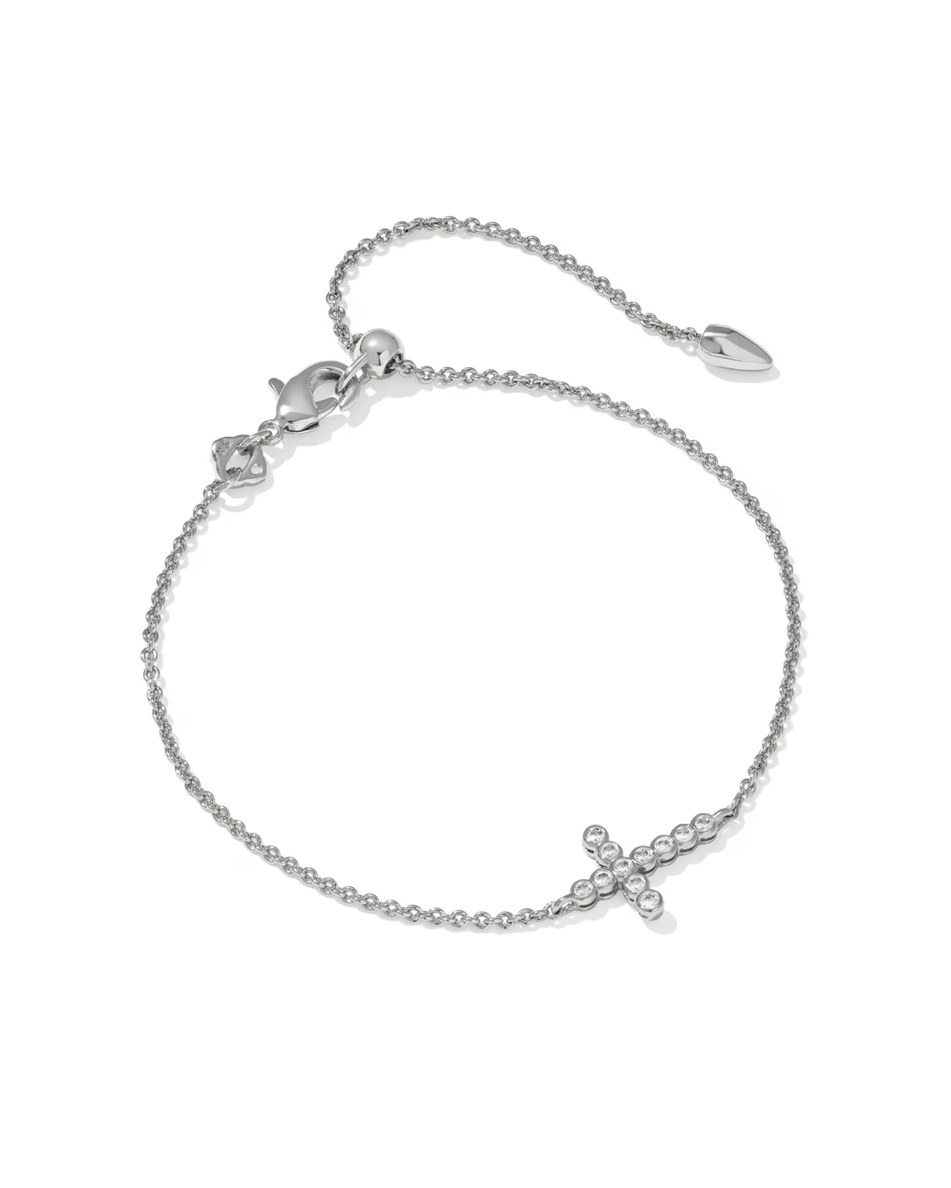 CROSS CRYSTAL DELICATE CHAIN BRACELET SILVER WHITE CZ