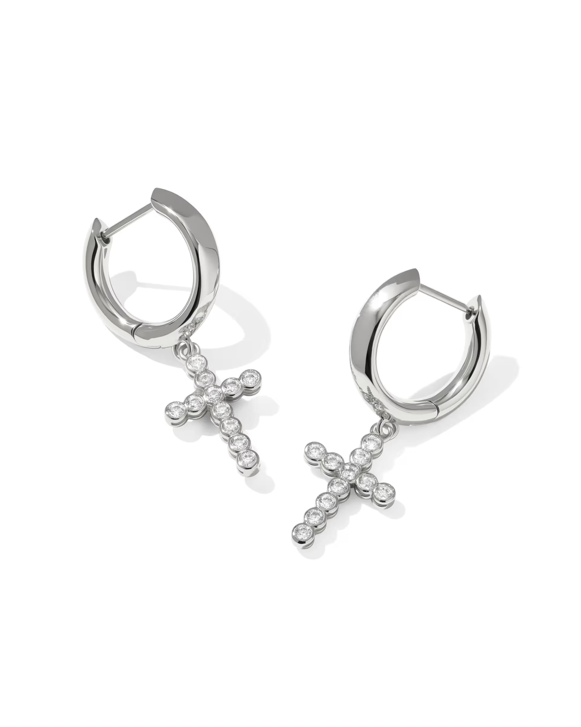 CROSS CRYSTAL HUGGIE EARRINGS SILVER WHITE CZ