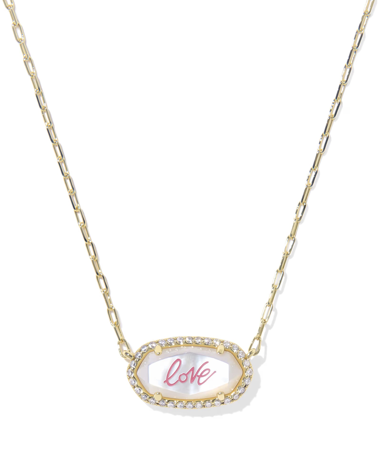 ELISA PAVE FRAME SHORT PENDANT NECKLACE - GOLD IVORY MOP LOVE SCRIPT
