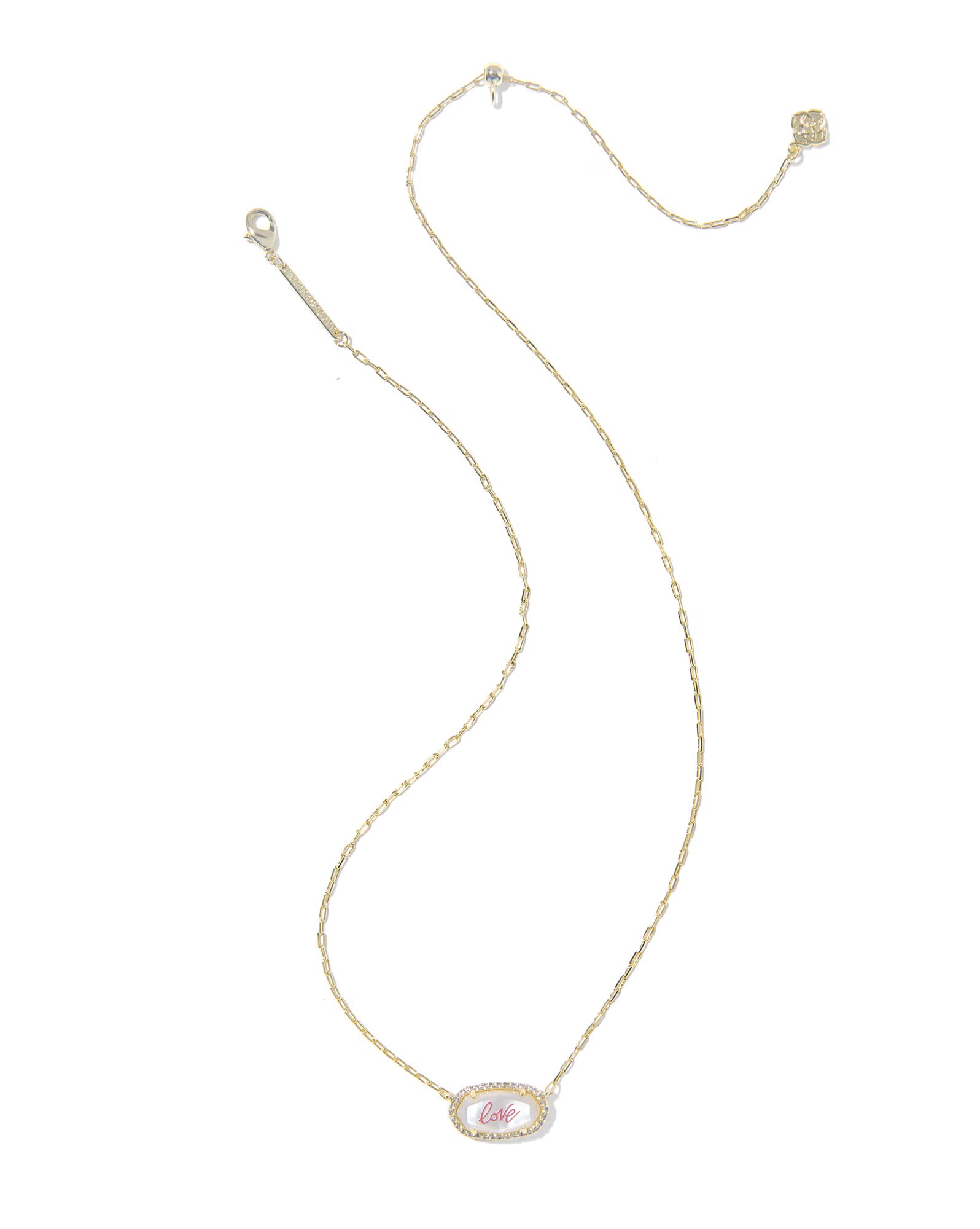 ELISA PAVE FRAME SHORT PENDANT NECKLACE - GOLD IVORY MOP LOVE SCRIPT