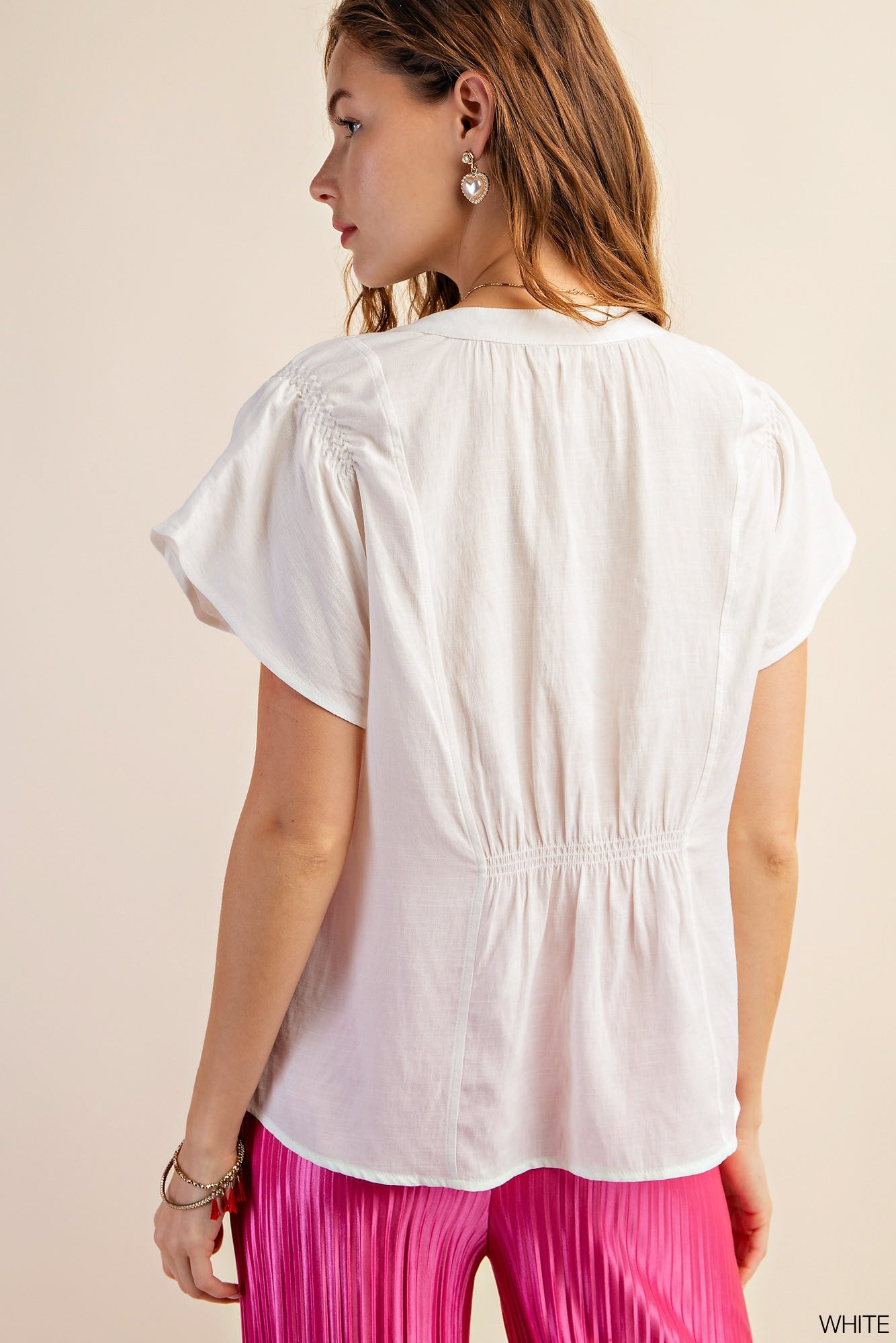 LINEN TWO LINE RUFFLE SLEEVES BACK PLACKET TOP - WHITE