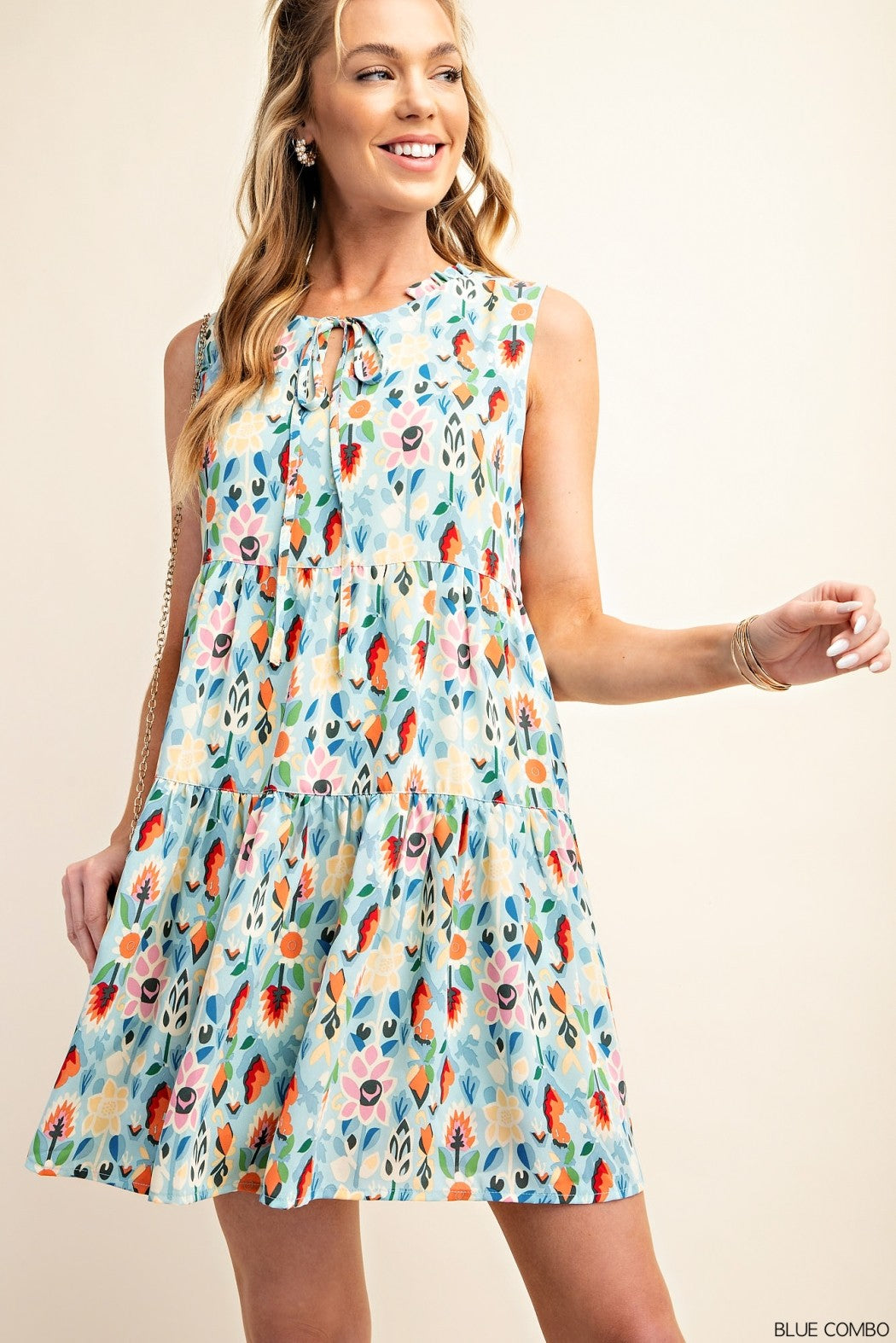 MULTICOLOR RUFFLE NECK TIERED DRESS W/ POCKETS - BLUE