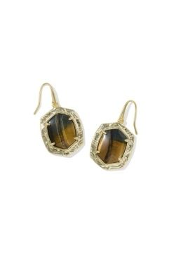 TIGER STRIPED DAPHNE DROP EARRINGS - GOLD DARK BROWN HAWK'S EYE