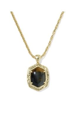 TIGER STRIPED DAPHNE SMALL LONG PENDANT NECKLACE - GOLD DARK BROWN HAWK'S EYE