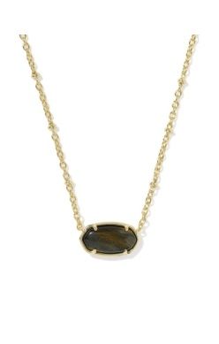 TIGER STRIPED ELISA SHORT PENDANT NECKLACE - GOLD DARK BROWN HAWK'S EYE