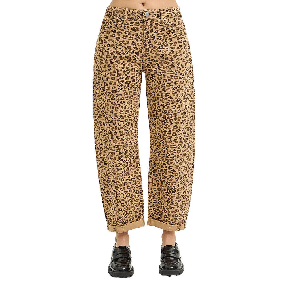 Leopard Print Cropped Barrel Jeans