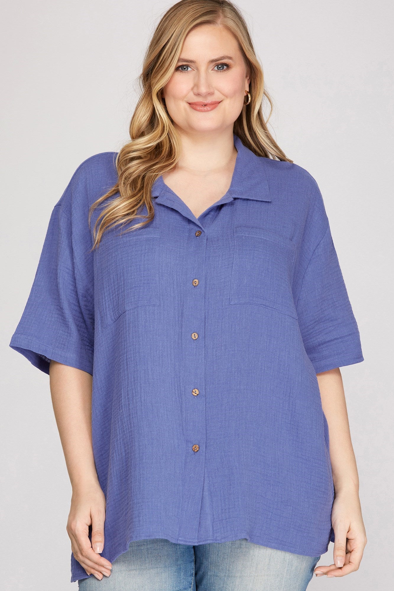 WOVEN BUTTON-DOWN TOP WITH FRON POCKET - BLUE