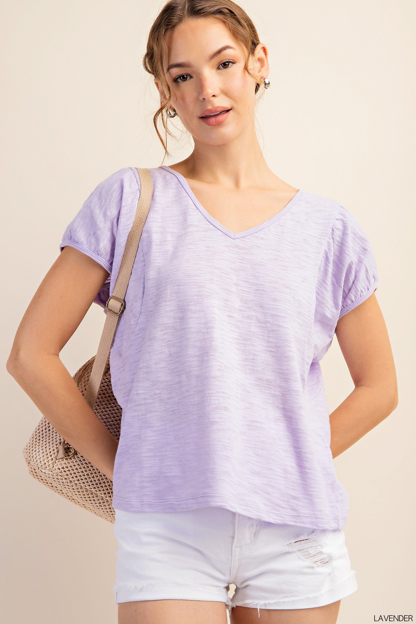 SOFT COTTON FABRIC PUFF SLEEVES VNECK TOP