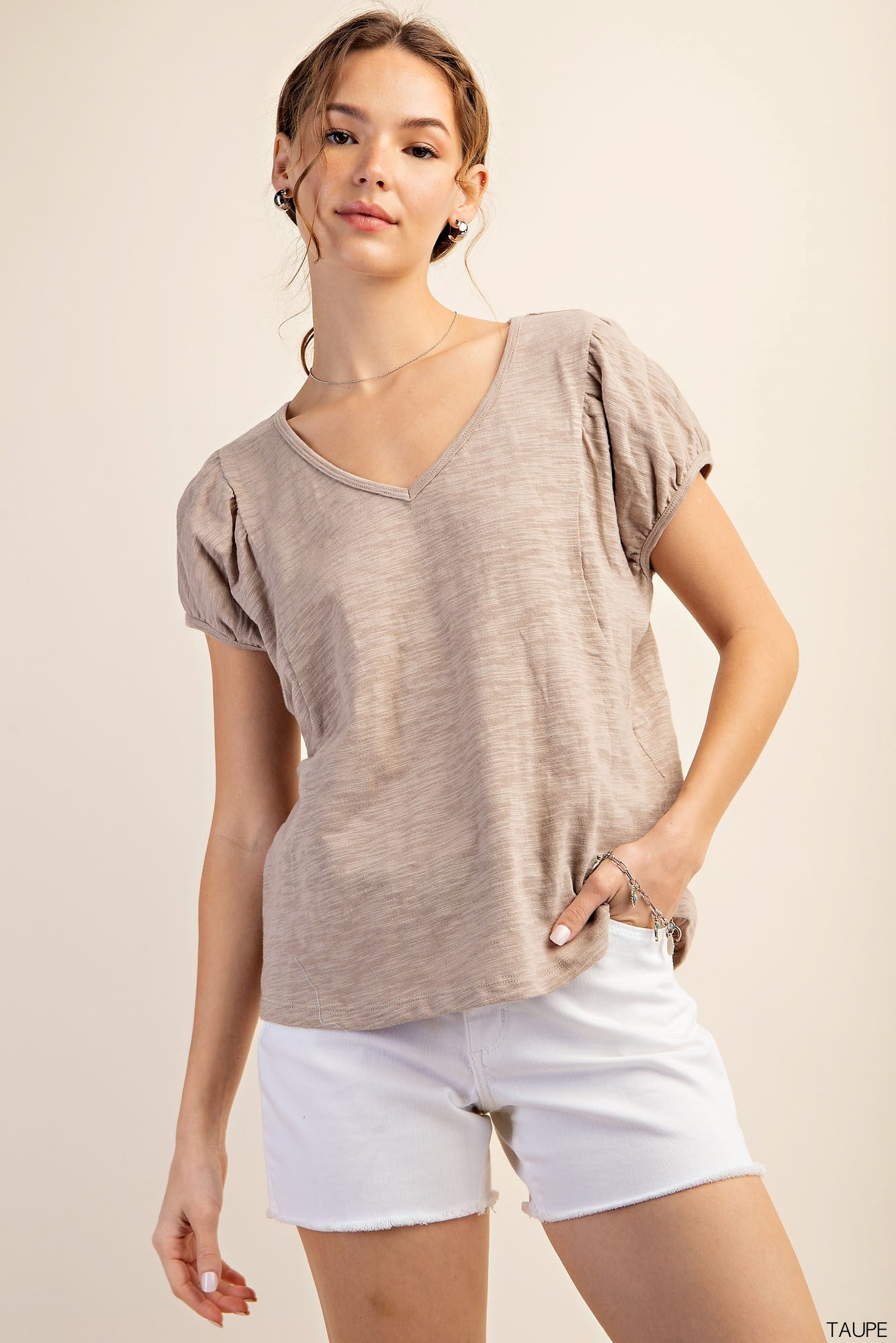 SOFT COTTON FABRIC PUFF SLEEVES VNECK TOP