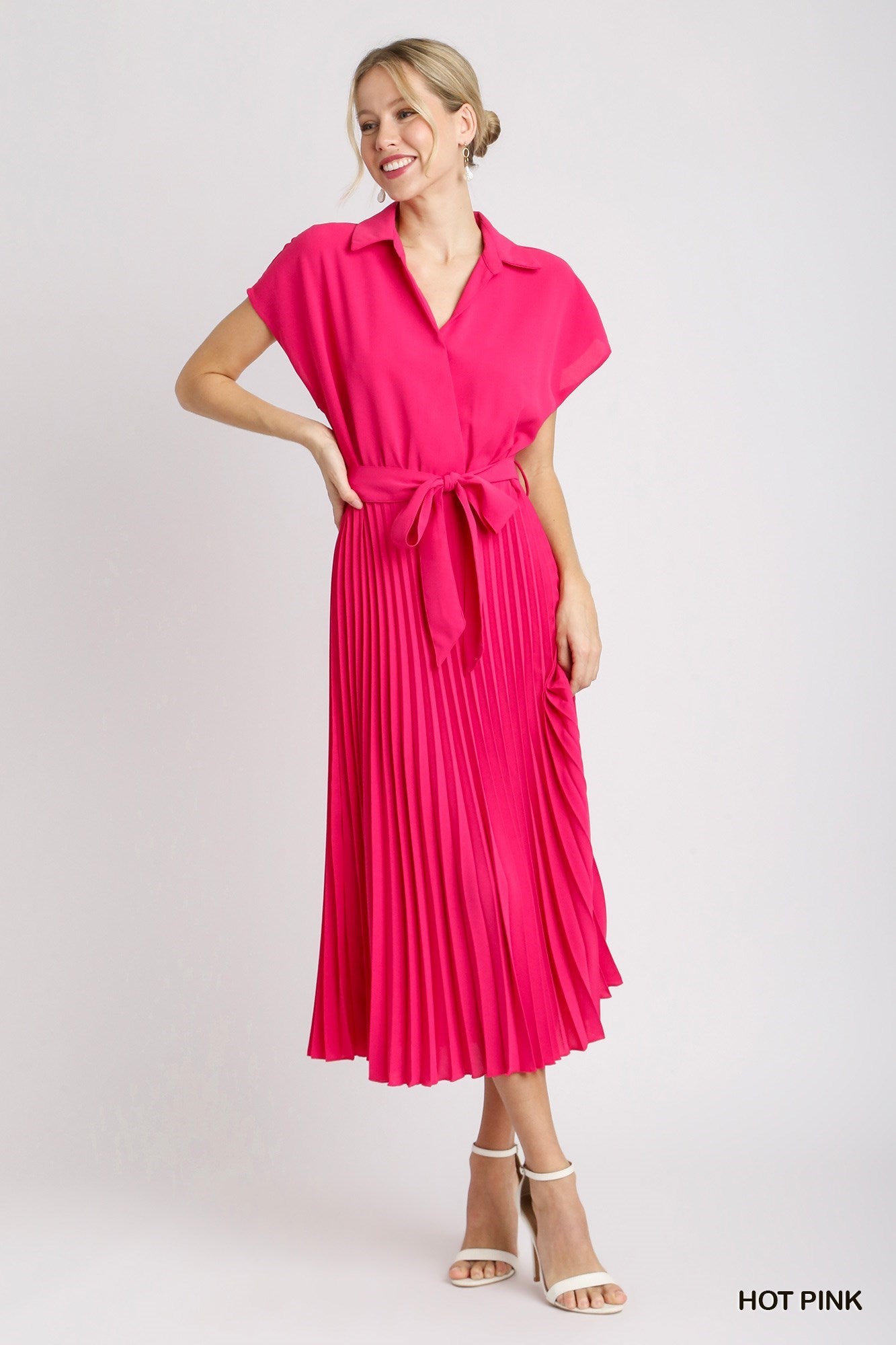 COLLARED V-NECK PLEATED DRESS WITH BELT - HOT PINK