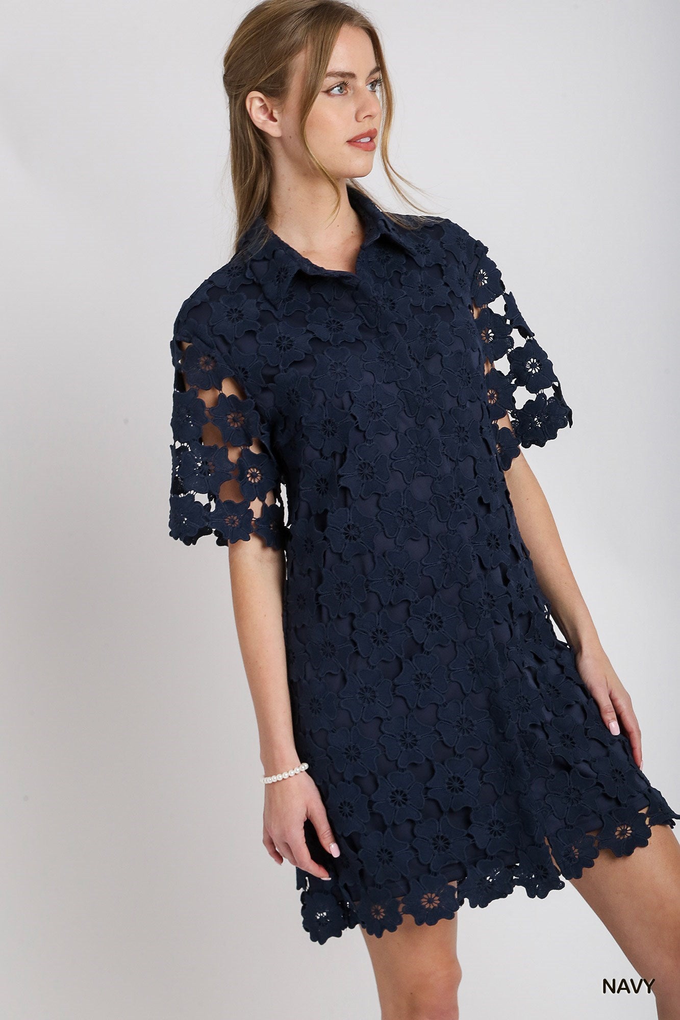 FLORAL LACE BUTTON DOWN COLLARED DRESS - NAVY
